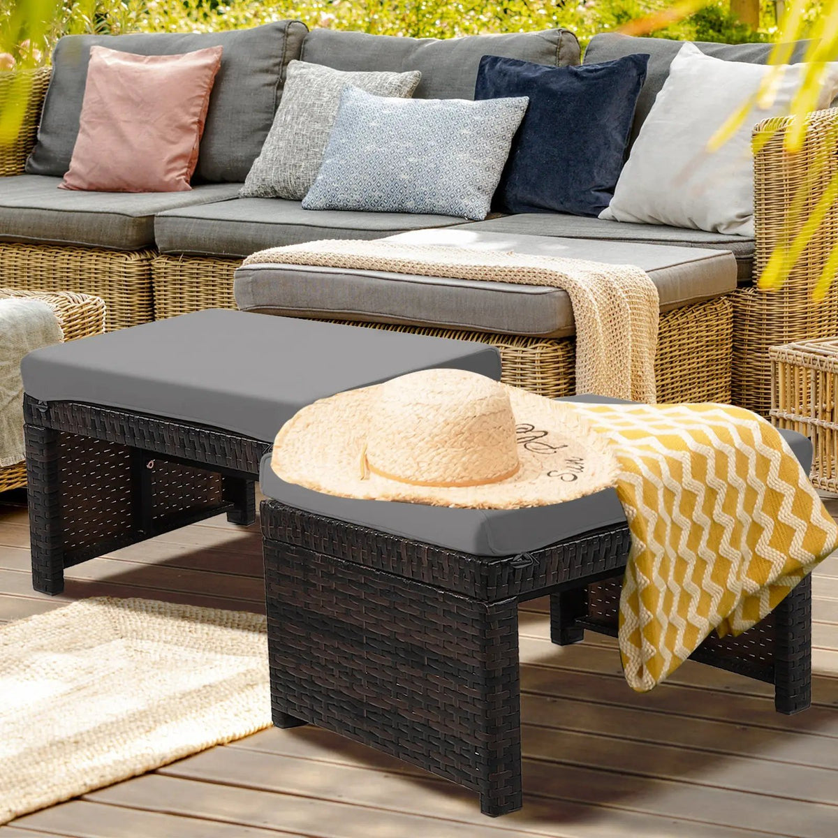 2 Pieces Patio Rattan Ottomans with Soft Cushion for Patio and Garden by DirectDeals