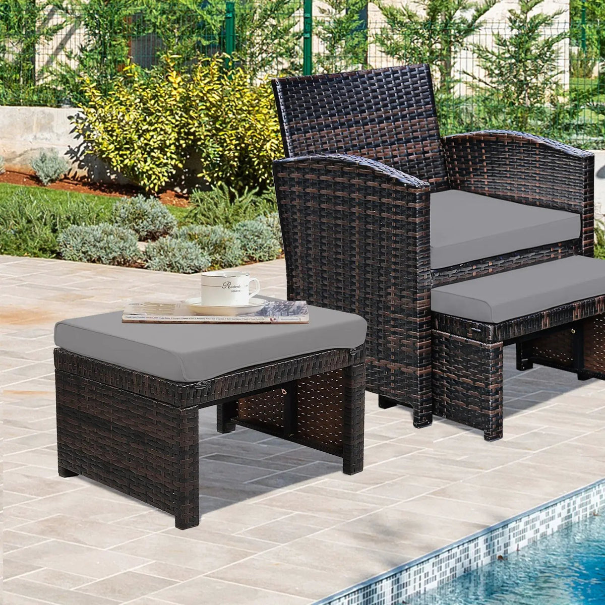 2 Pieces Patio Rattan Ottomans with Soft Cushion for Patio and Garden by DirectDeals