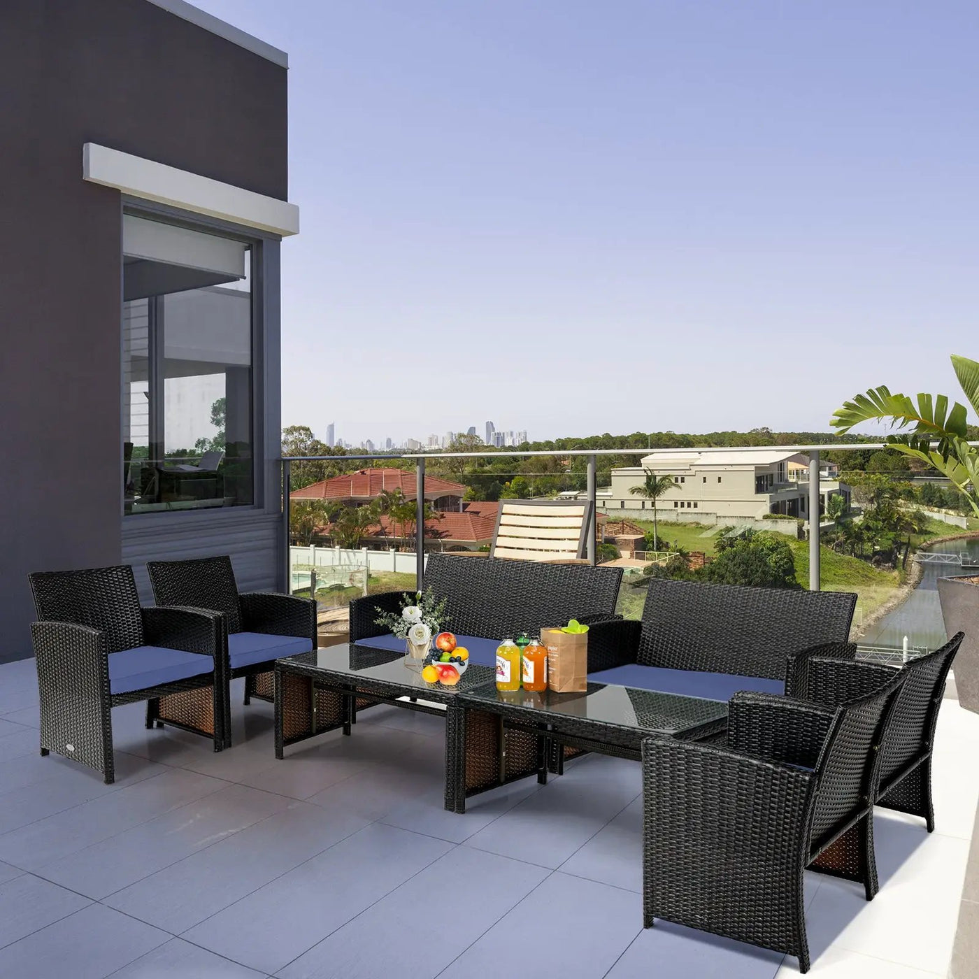 4 Pieces Patio Rattan Cushioned Furniture Set with Coffee Table-Black by DirectDeals