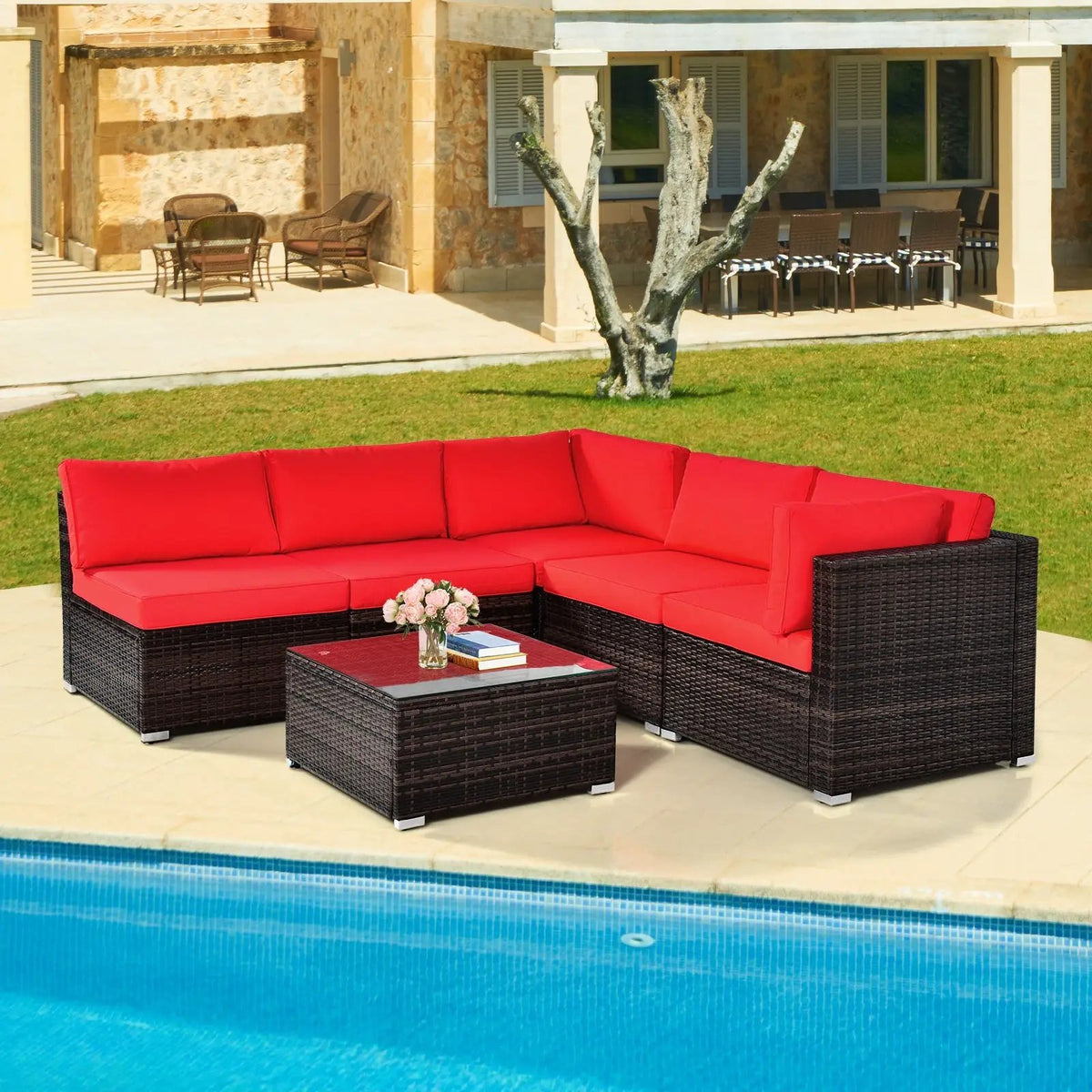 6 Pieces Patio Rattan Furniture Set with Cushions by DirectDeals