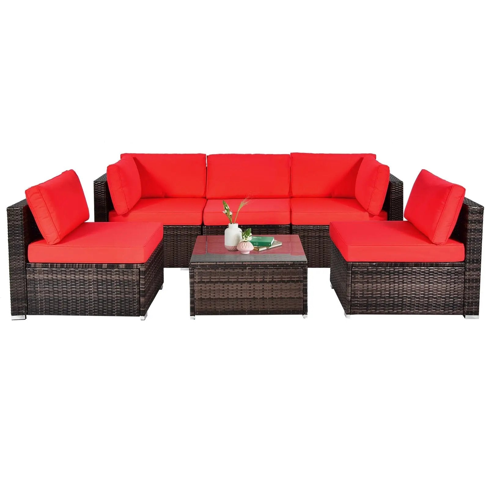 6 Pieces Patio Rattan Furniture Set with Cushions by DirectDeals