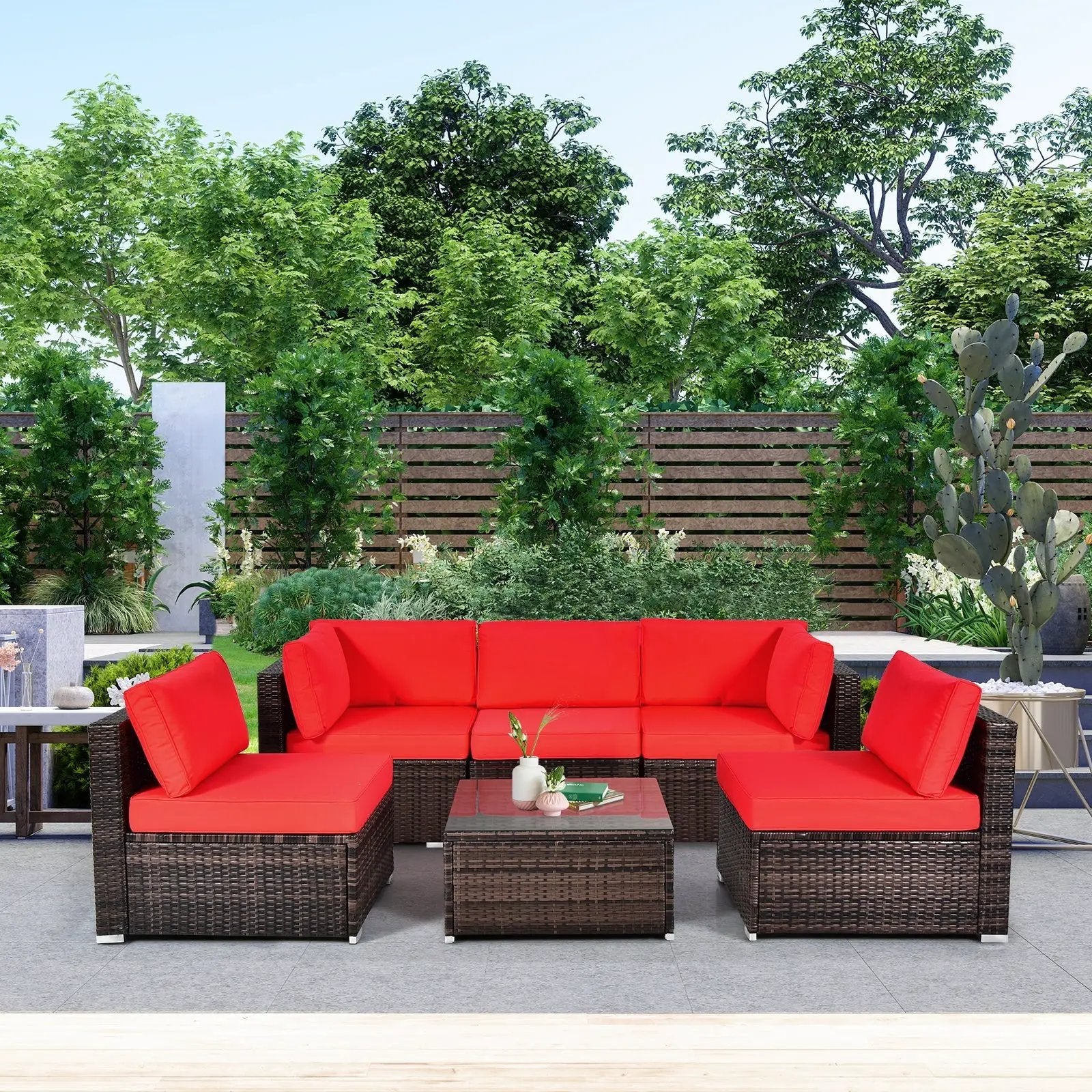 6 Pieces Patio Rattan Furniture Set with Cushions by DirectDeals