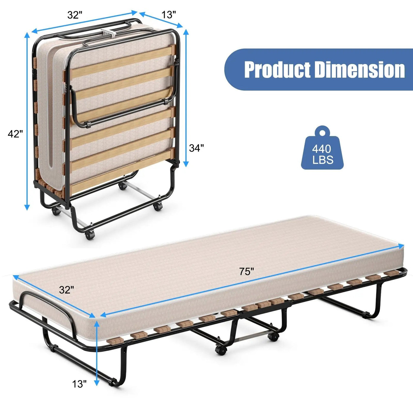 Portable Folding Bed with Memory Foam Mattress and Sturdy Metal Frame Made in Italy by DirectDeals