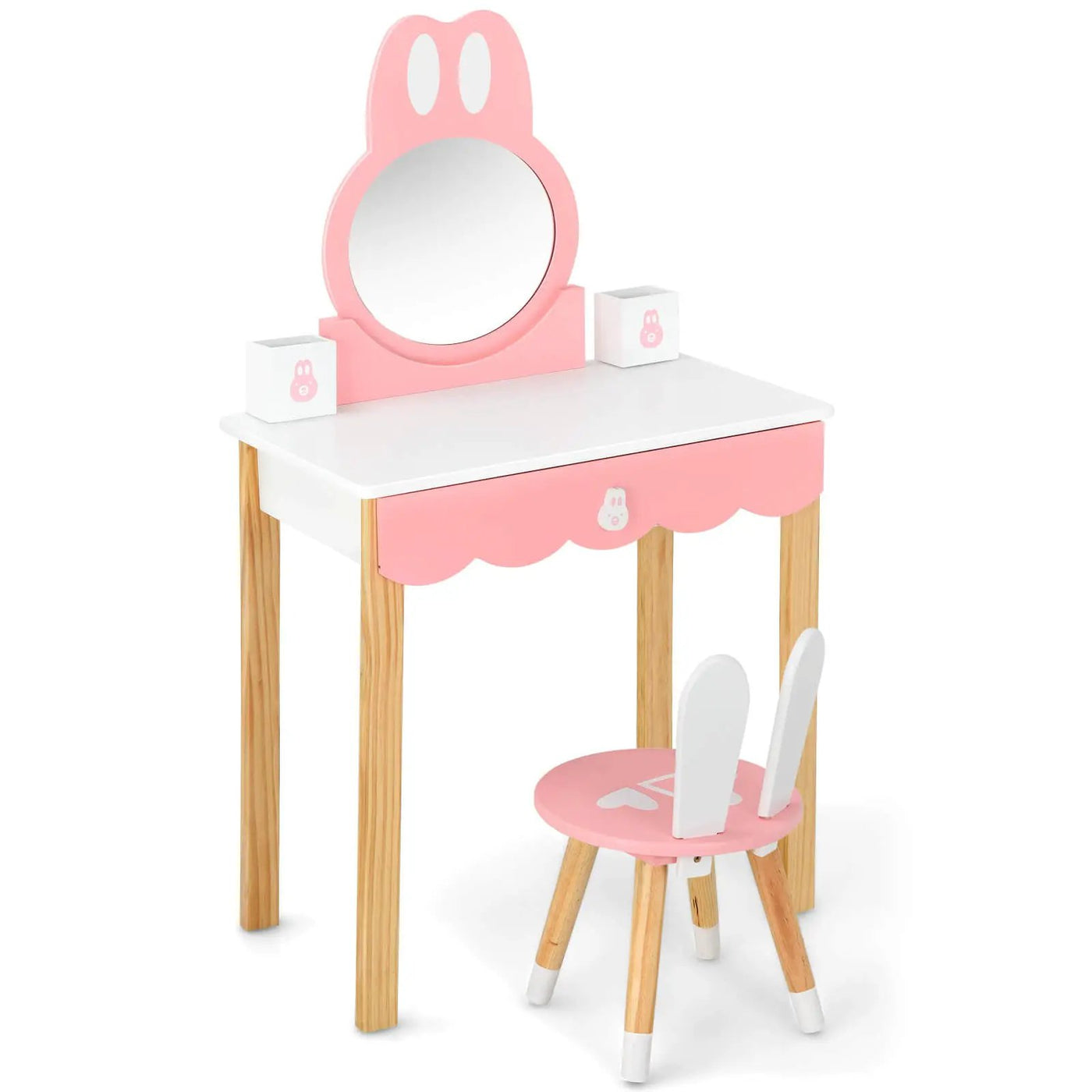 Kids Vanity Set Rabbit Makeup Dressing Table Chair Set with Mirror and Drawer by DirectDeals