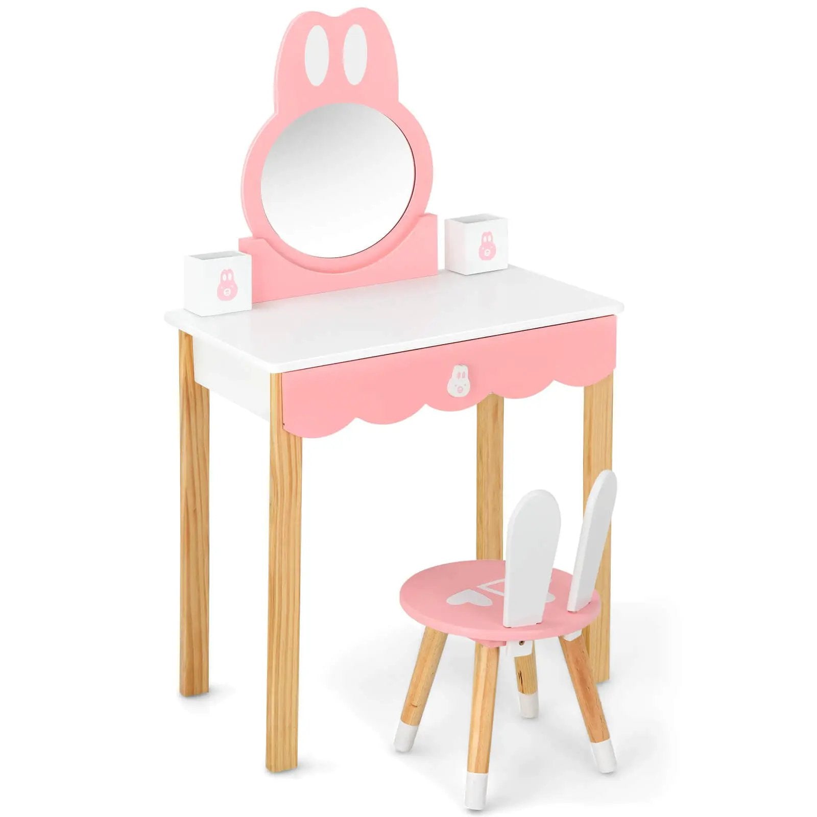 Kids Vanity Set Rabbit Makeup Dressing Table Chair Set with Mirror and Drawer by DirectDeals