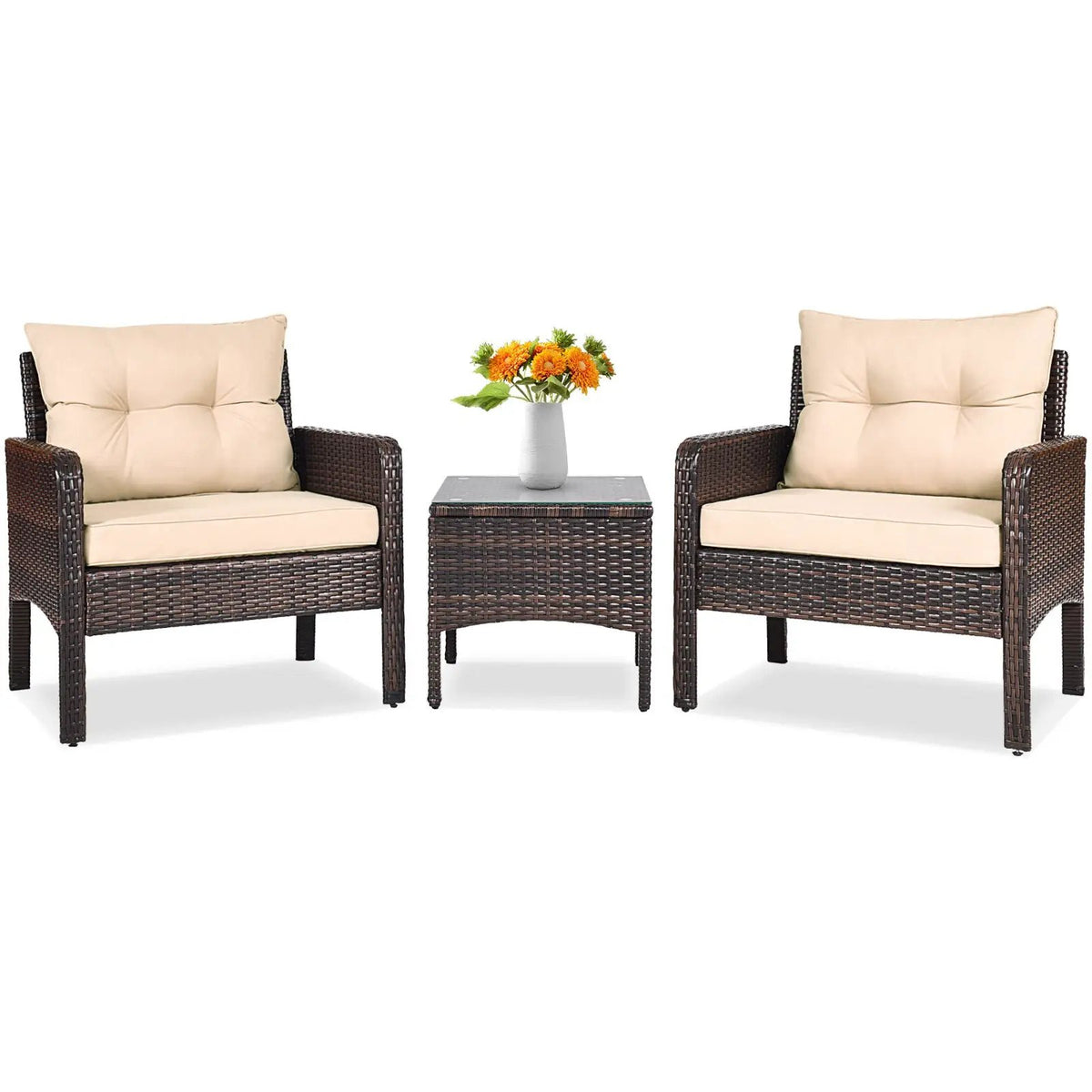 3 Pcs Outdoor Patio Rattan Conversation Set with Seat Cushions-Black by DirectDeals