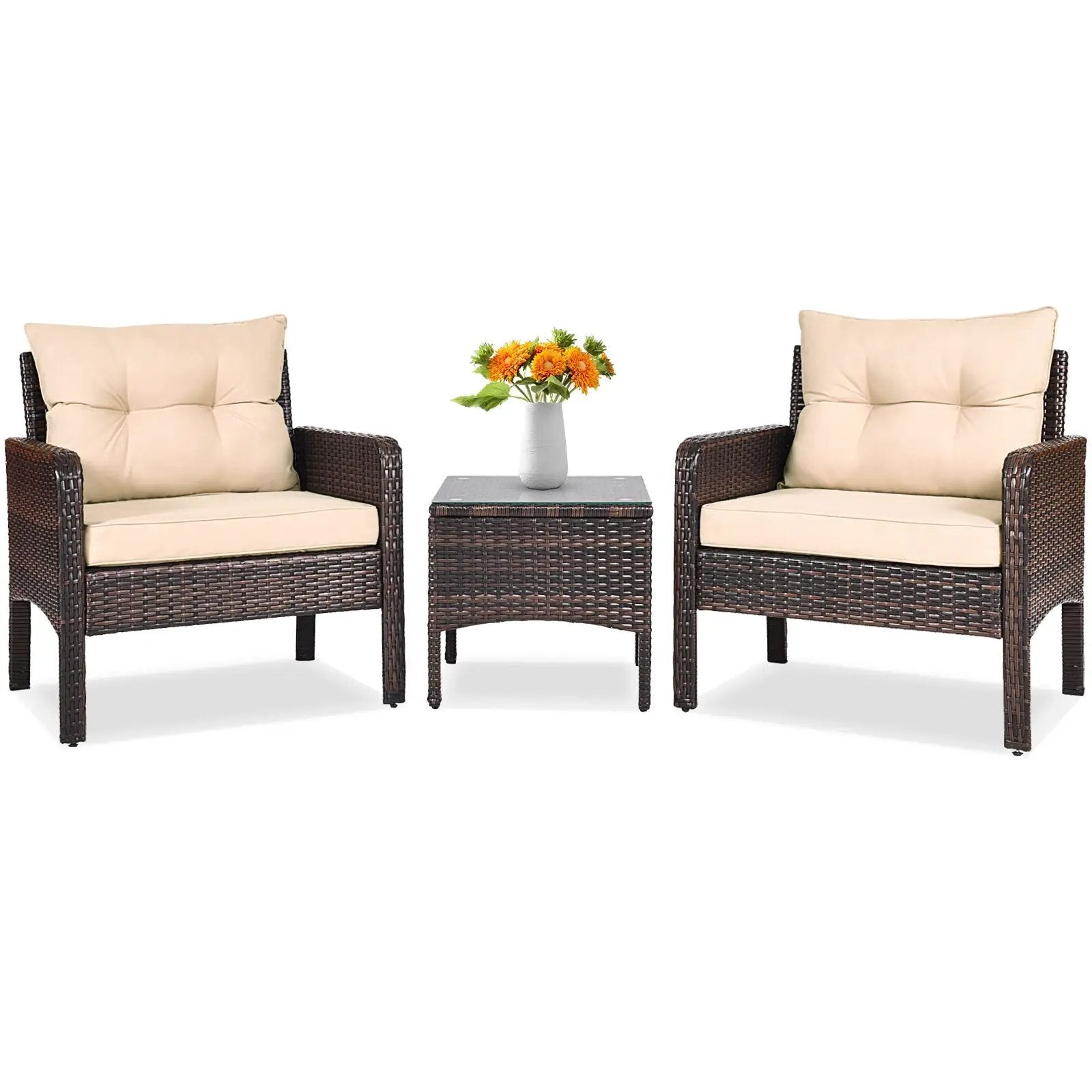 3 Pcs Outdoor Patio Rattan Conversation Set with Seat Cushions-Black by DirectDeals