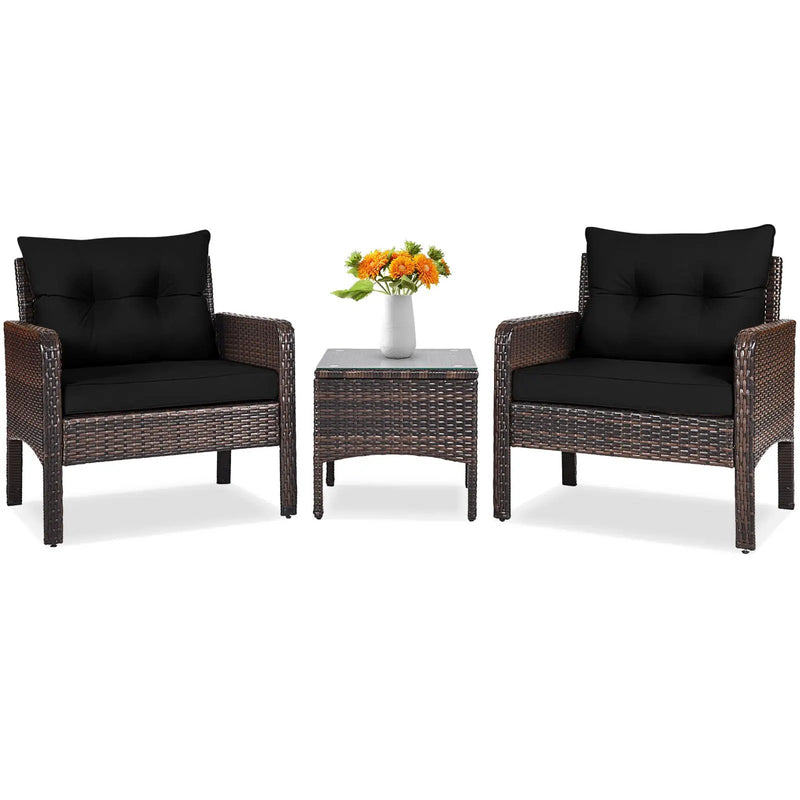3 Pcs Outdoor Patio Rattan Conversation Set with Seat Cushions-Black by DirectDeals