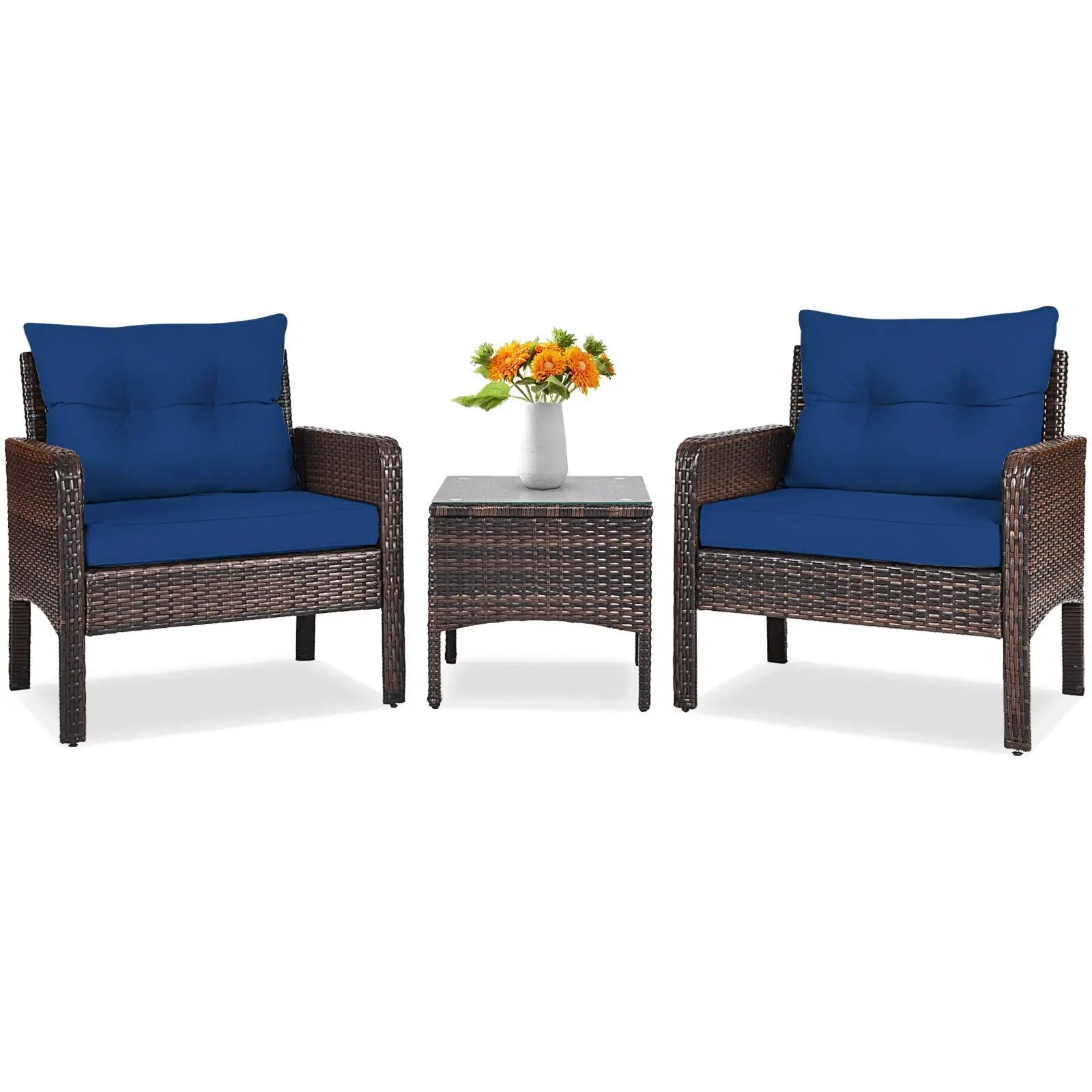 3 Pcs Outdoor Patio Rattan Conversation Set with Seat Cushions-Black by DirectDeals