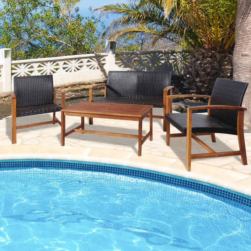 4 Pieces PE Rattan Patio Furniture Set with Solid Acacia Wood by DirectDeals