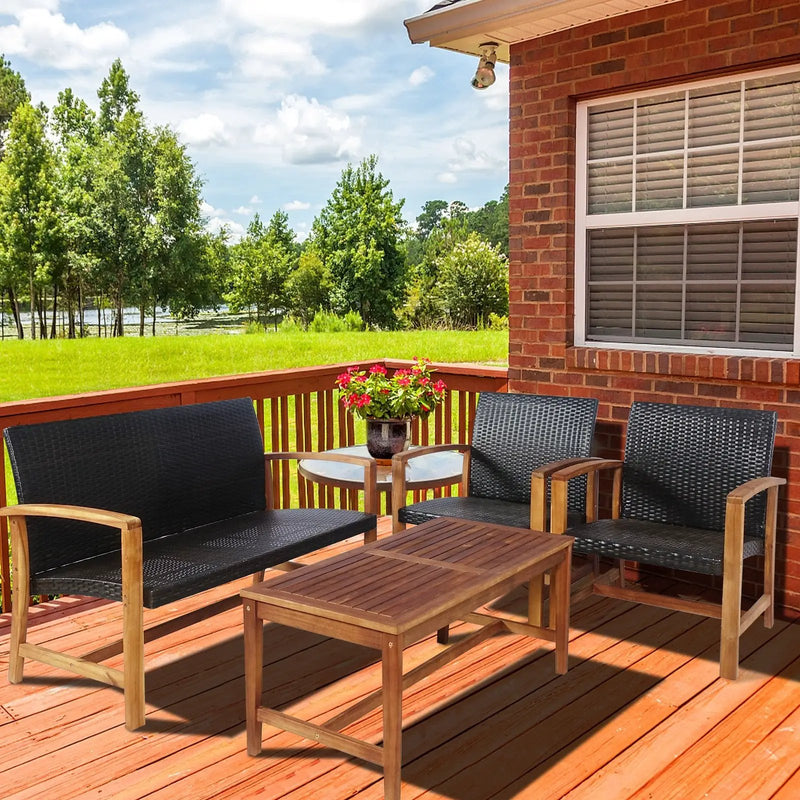 4 Pieces PE Rattan Patio Furniture Set with Solid Acacia Wood by DirectDeals