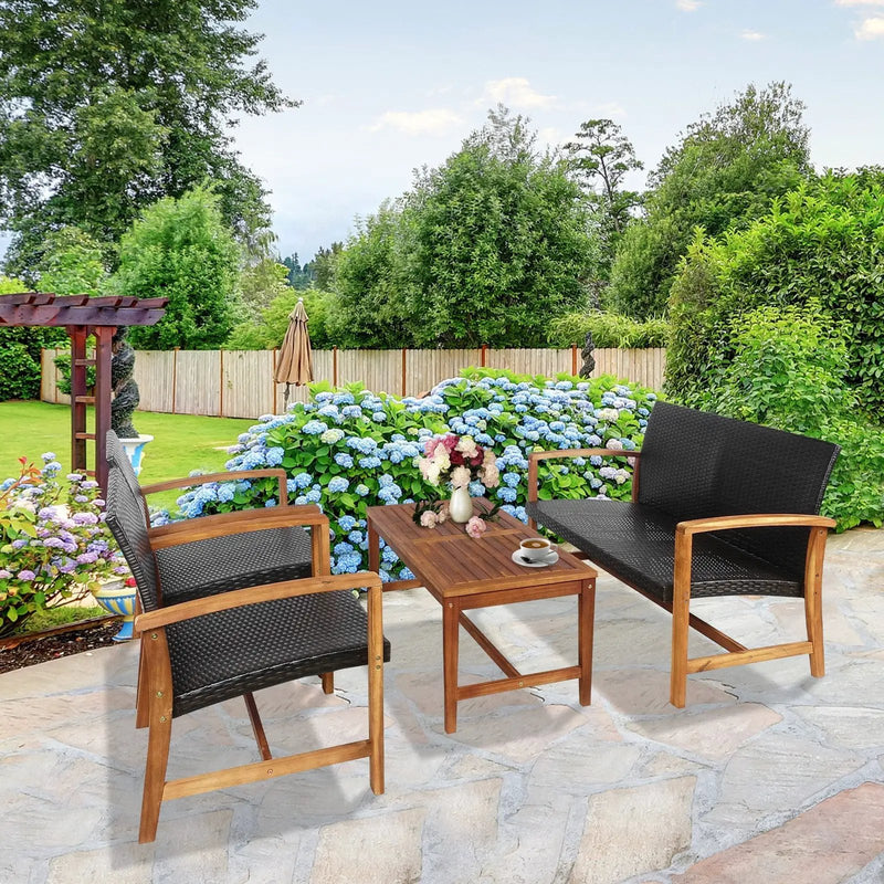 4 Pieces PE Rattan Patio Furniture Set with Solid Acacia Wood by DirectDeals