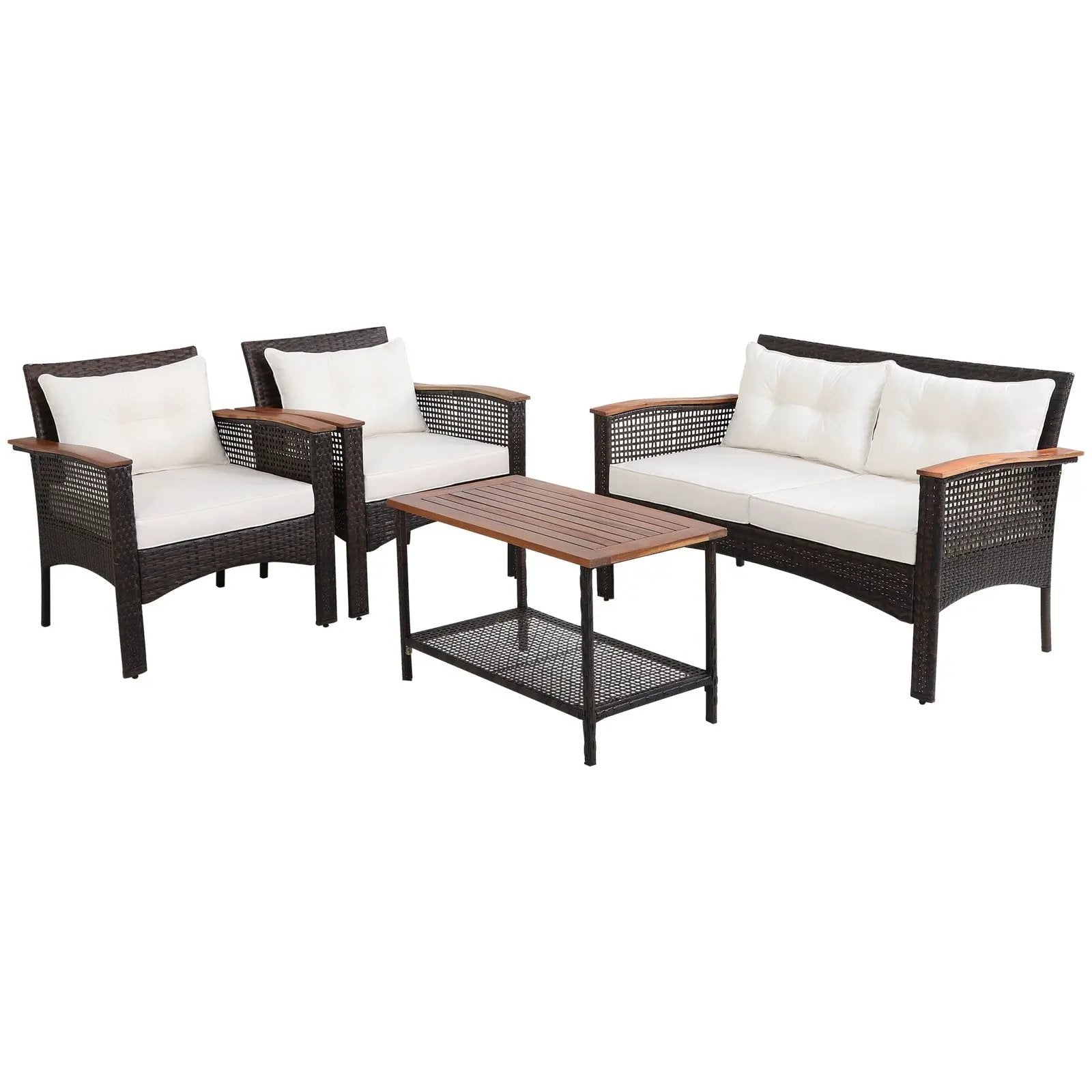 4 Pieces Patio Rattan Acacia Wood Furniture Set with Cushions and Armrest by DirectDeals