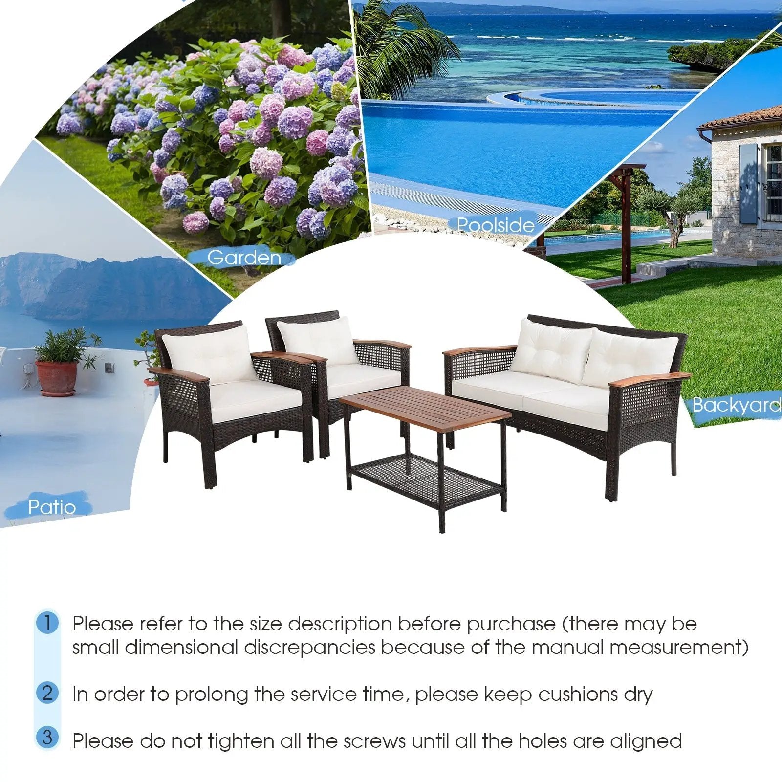 4 Pieces Patio Rattan Acacia Wood Furniture Set with Cushions and Armrest by DirectDeals