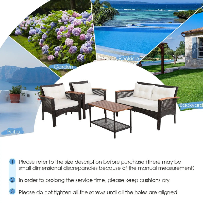 4 Pieces Patio Rattan Acacia Wood Furniture Set with Cushions and Armrest by DirectDeals