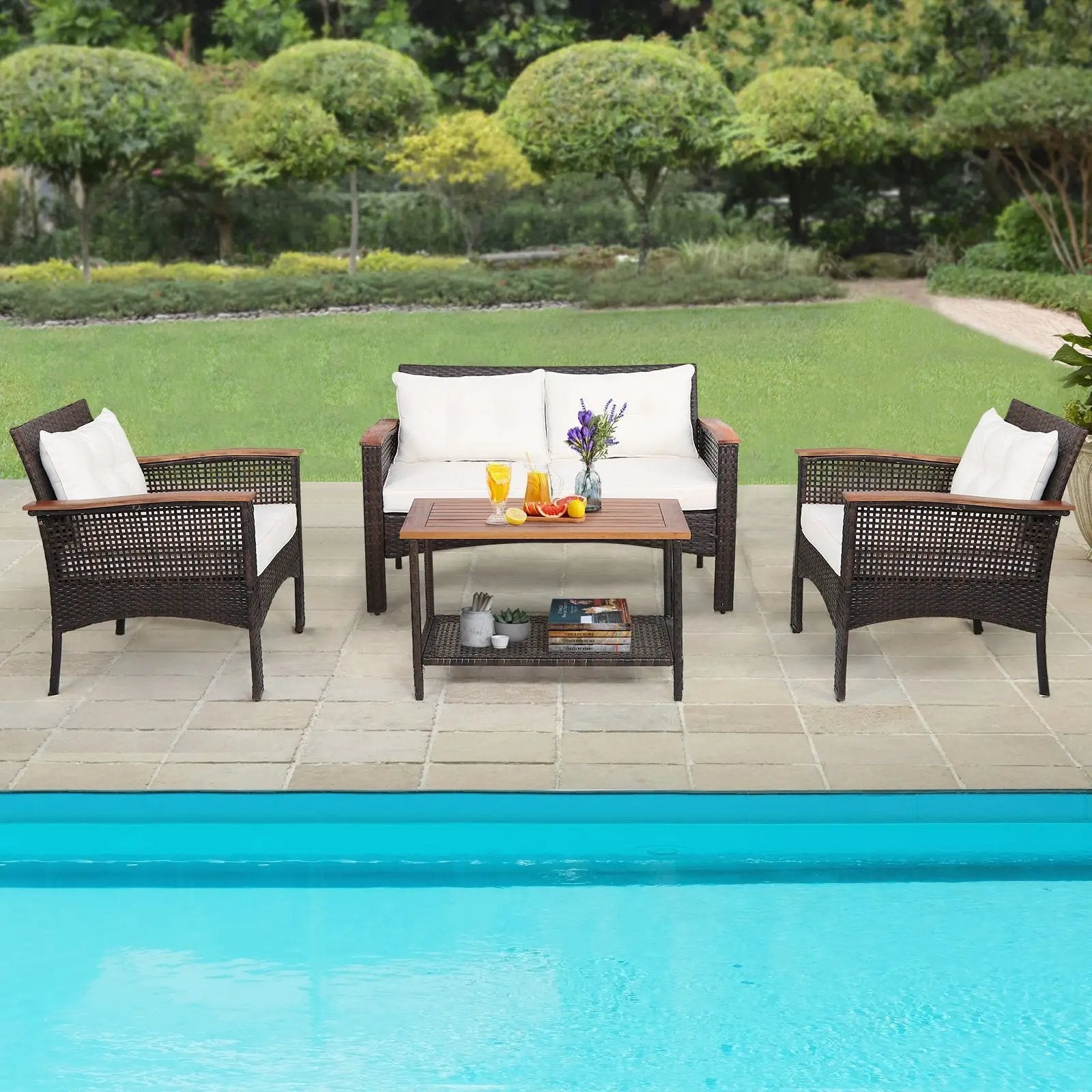 4 Pieces Patio Rattan Acacia Wood Furniture Set with Cushions and Armrest by DirectDeals