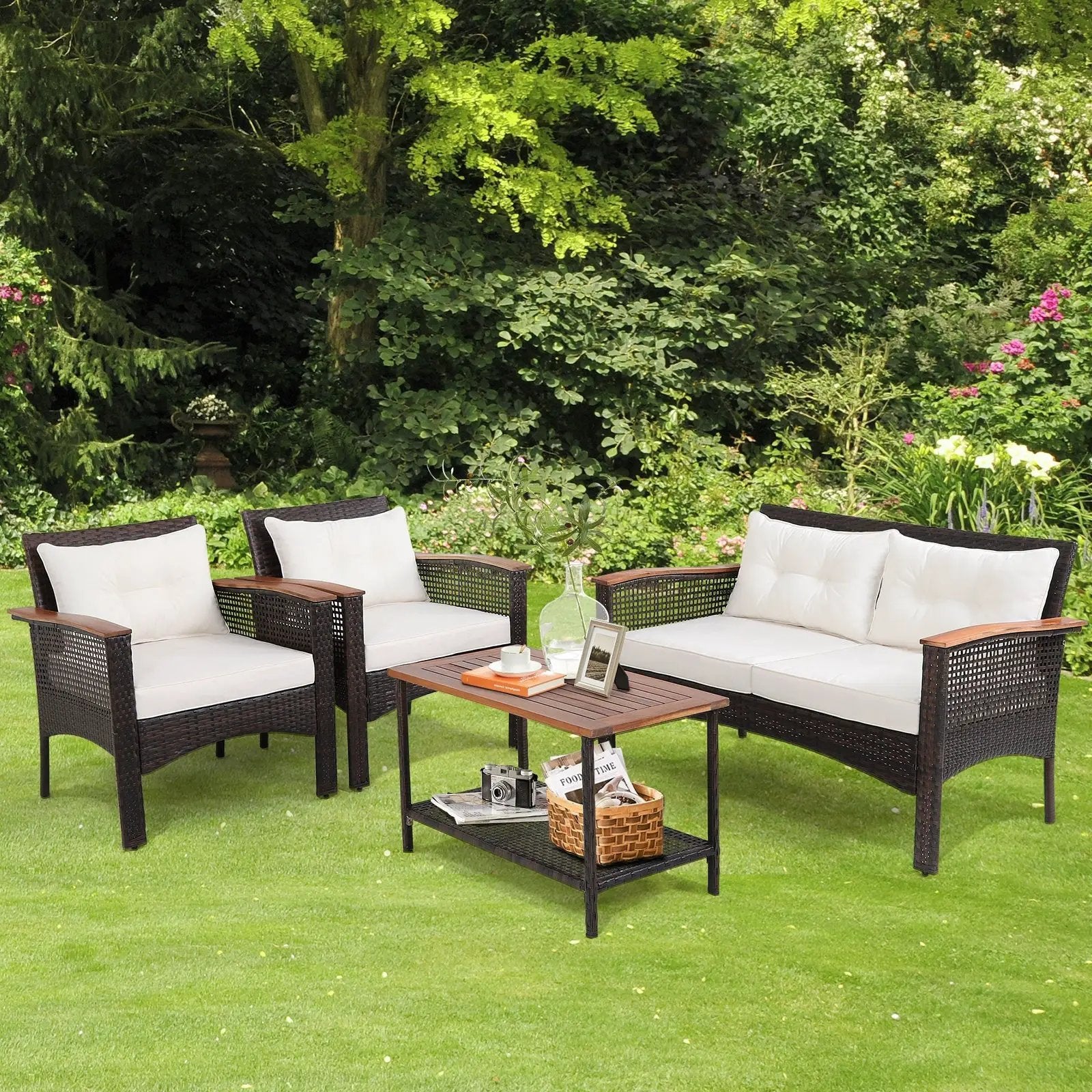 4 Pieces Patio Rattan Acacia Wood Furniture Set with Cushions and Armrest by DirectDeals