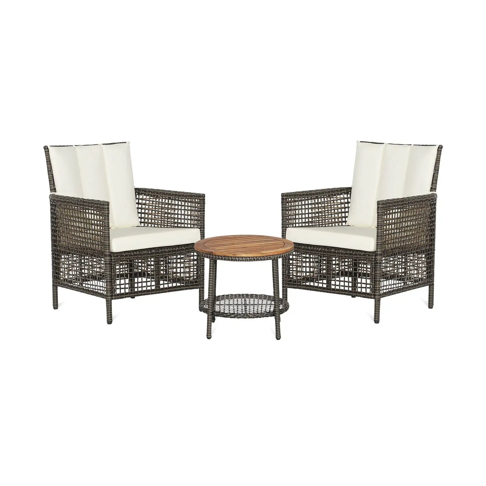 3 Pieces Patio Rattan Furniture Set with Cushioned Sofas and Wood Table Top-White by DirectDeals