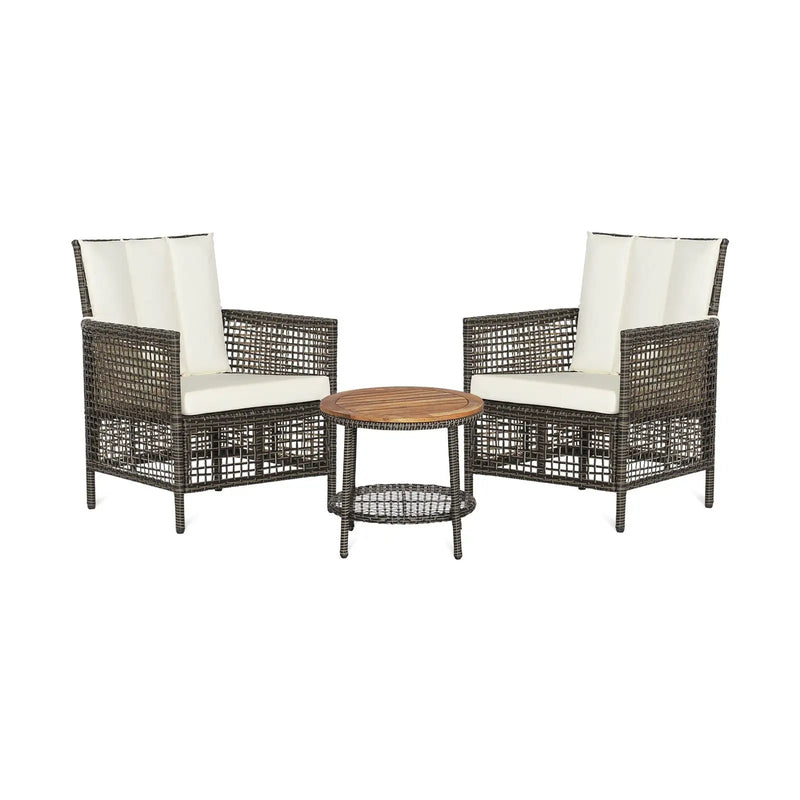 3 Pieces Patio Rattan Furniture Set with Cushioned Sofas and Wood Table Top-White by DirectDeals