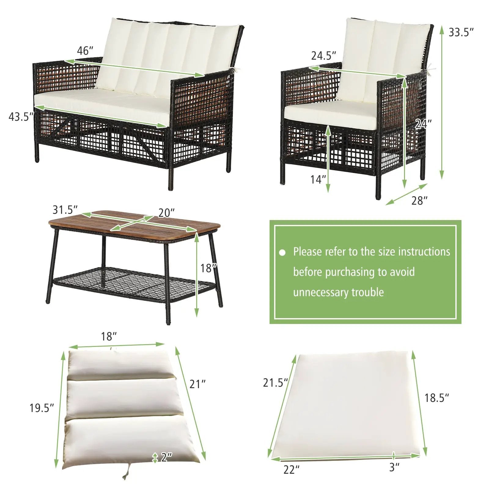 4 Pieces Patio Rattan Furniture Set with 2-Tier Coffee Table-White by DirectDeals