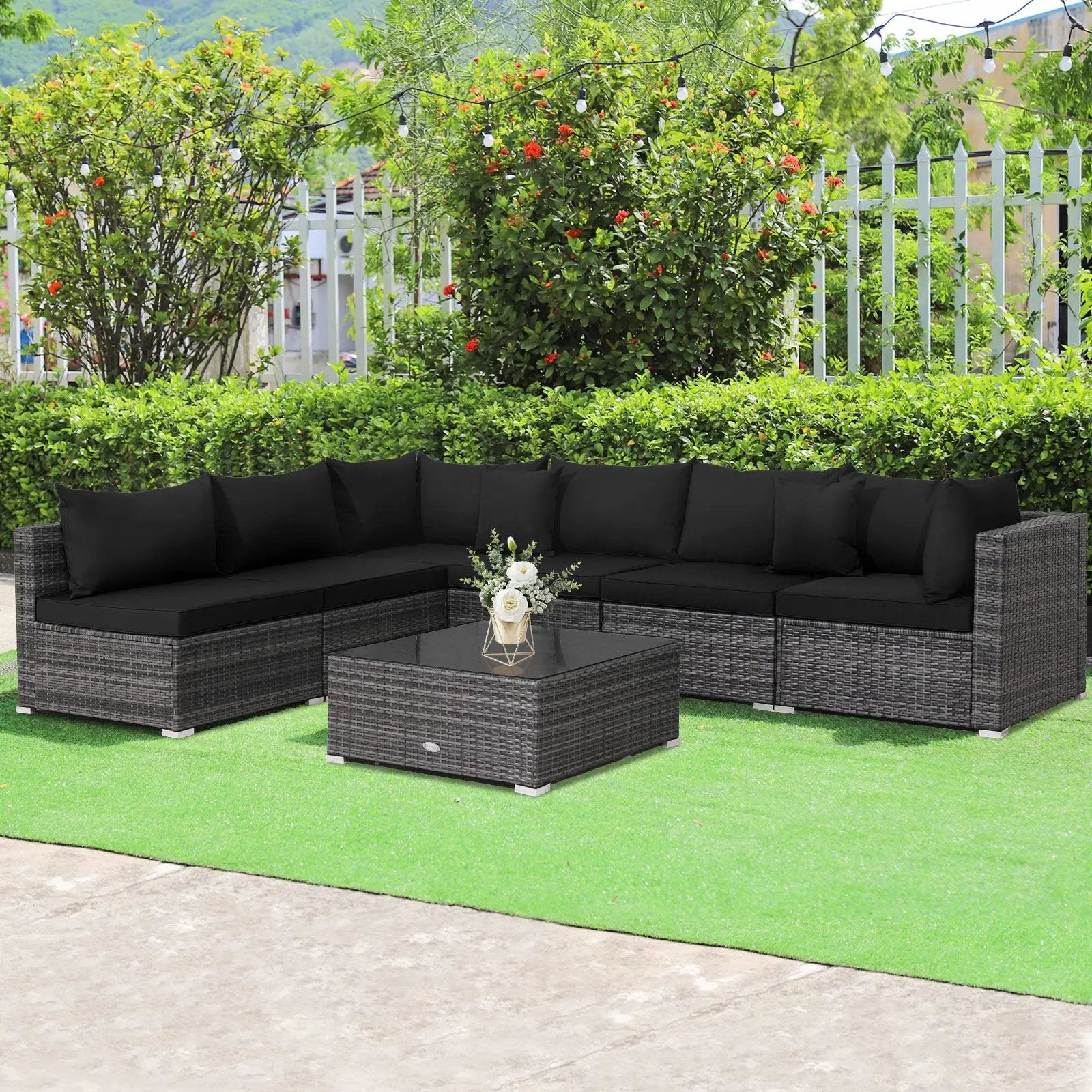7 Pieces Patio Rattan Furniture Set Sectional Sofa Garden Cushion by DirectDeals