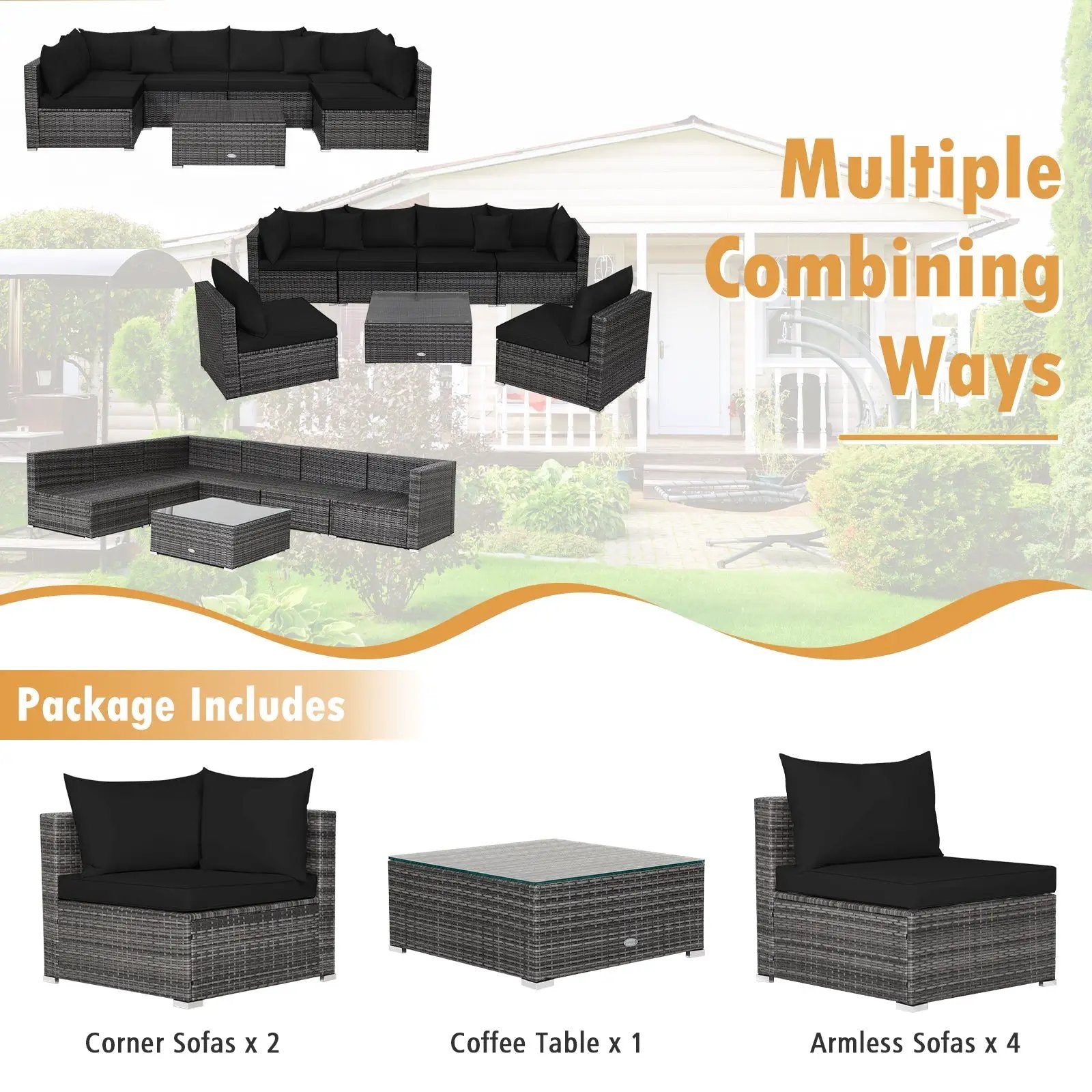 7 Pieces Patio Rattan Furniture Set Sectional Sofa Garden Cushion by DirectDeals