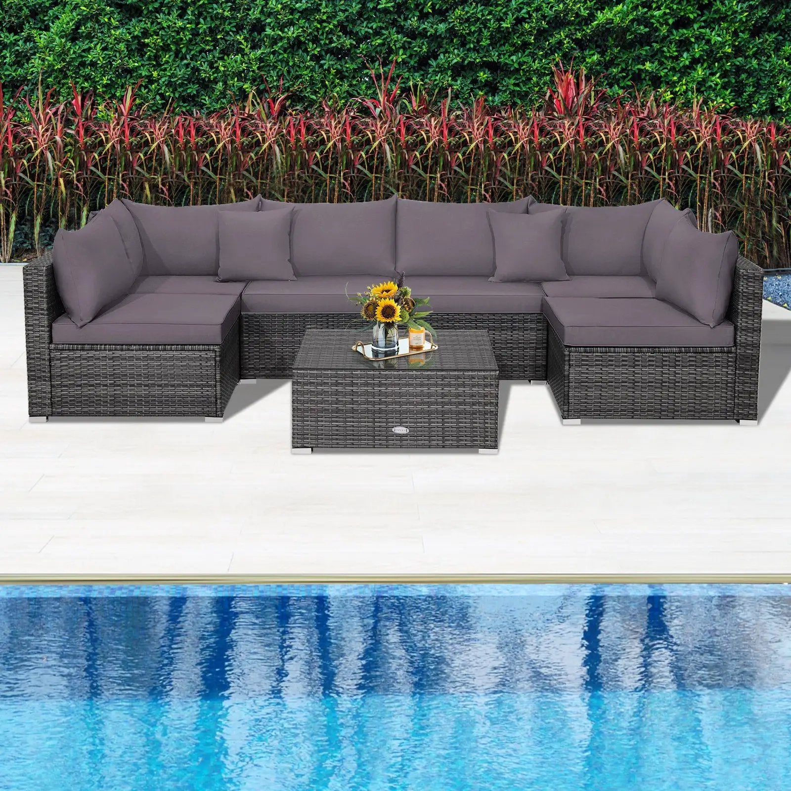 7 Pieces Patio Rattan Furniture Set Sectional Sofa Garden Cushion by DirectDeals