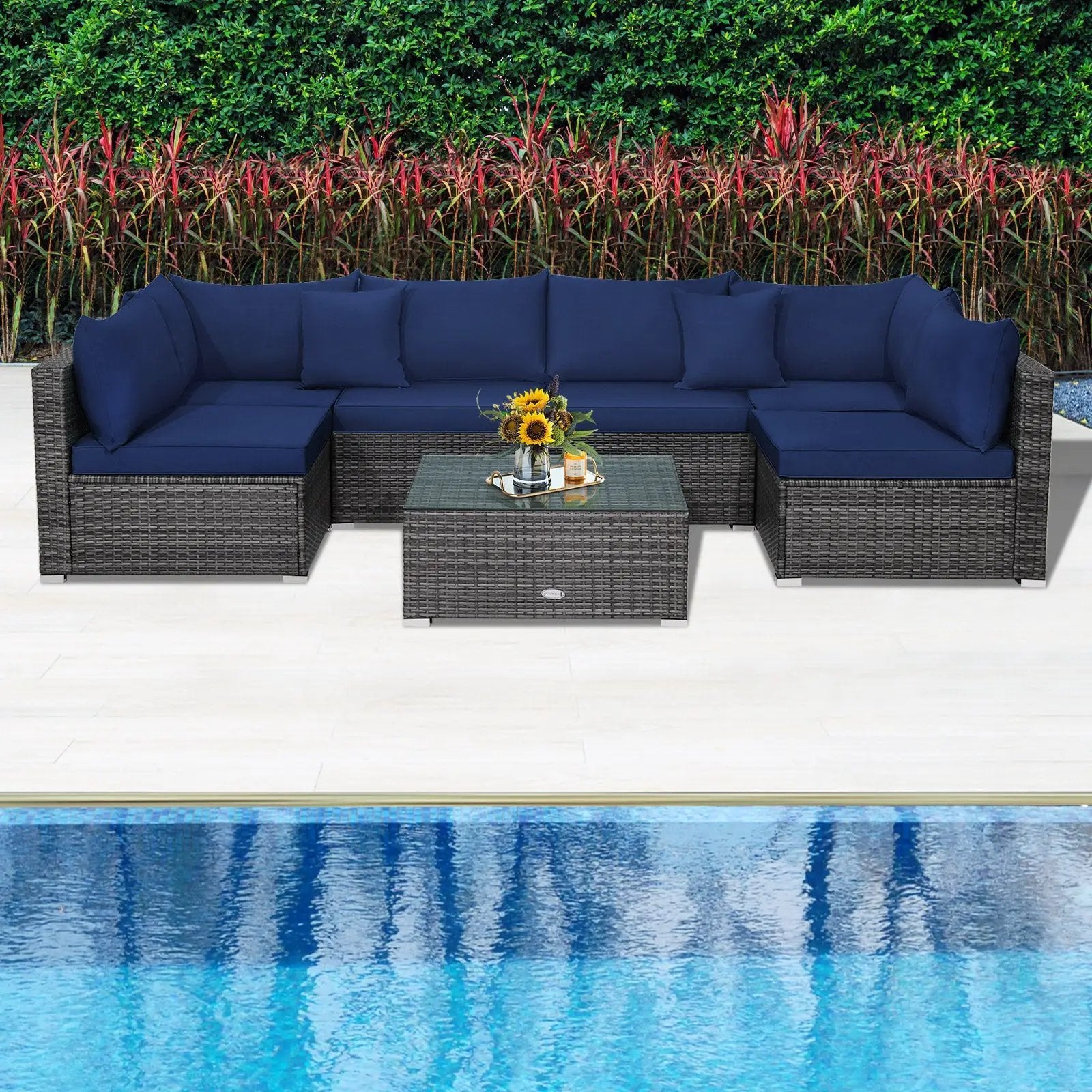 7 Pieces Patio Rattan Furniture Set Sectional Sofa Garden Cushion by DirectDeals