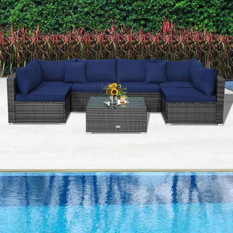 7 Pieces Patio Rattan Furniture Set Sectional Sofa Garden Cushion by DirectDeals