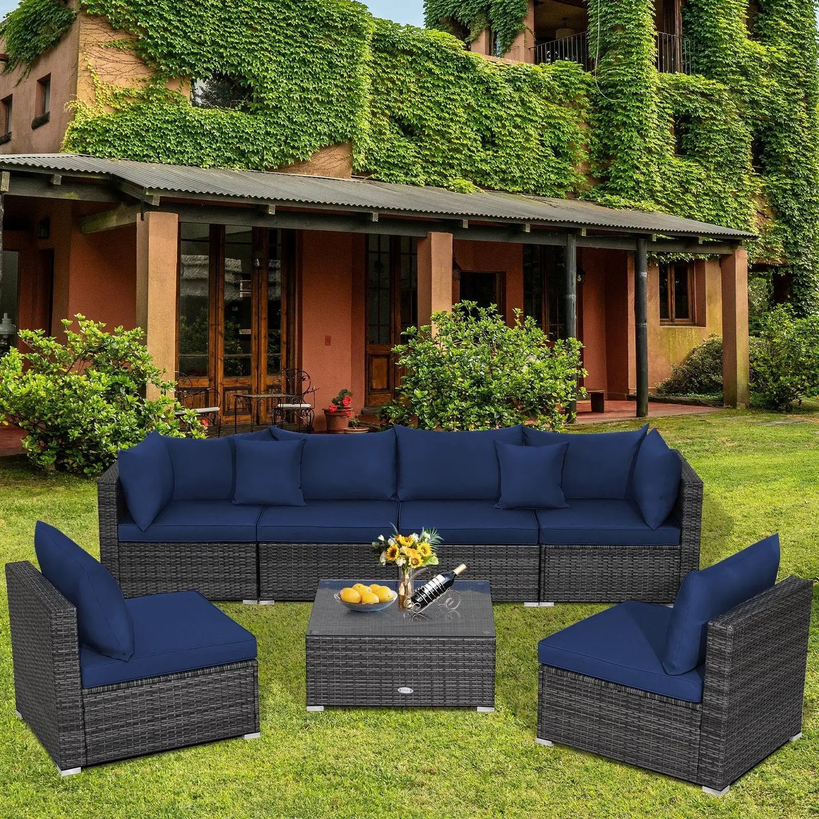 7 Pieces Patio Rattan Furniture Set Sectional Sofa Garden Cushion by DirectDeals
