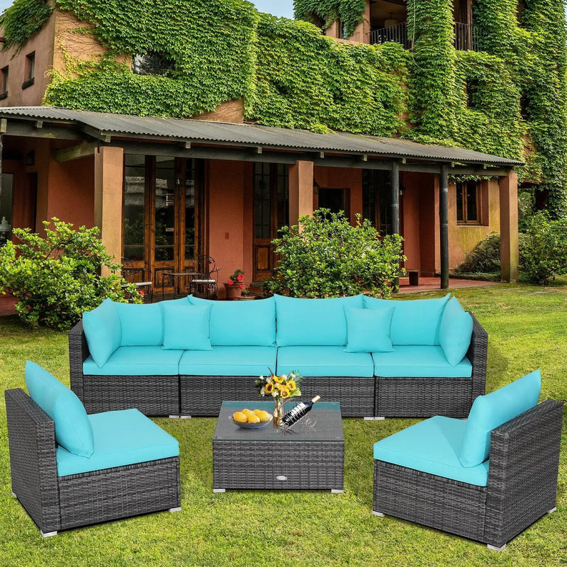 7 Pieces Patio Rattan Furniture Set Sectional Sofa Garden Cushion by DirectDeals