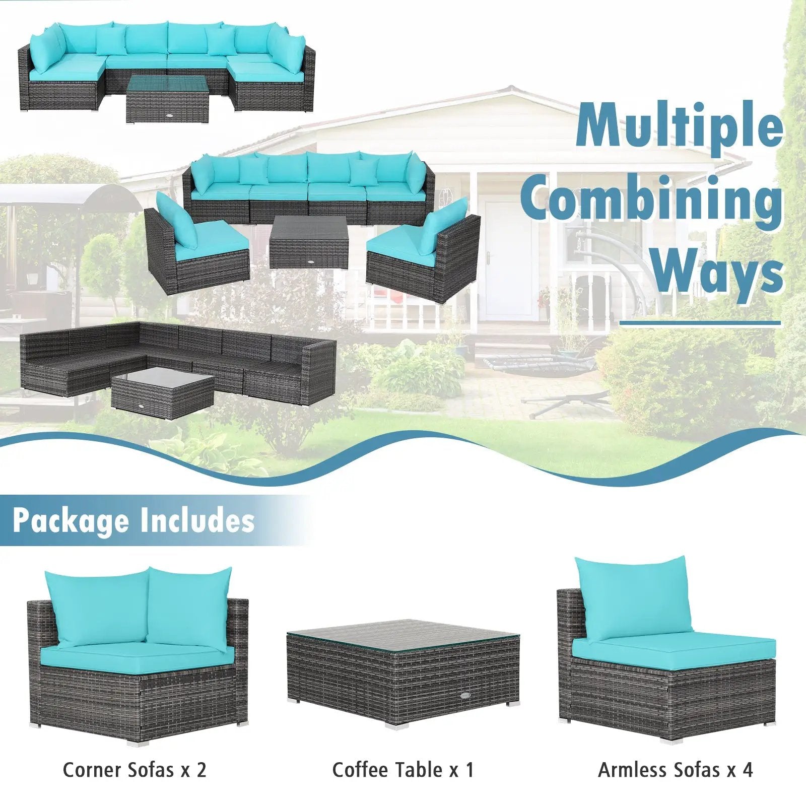 7 Pieces Patio Rattan Furniture Set Sectional Sofa Garden Cushion by DirectDeals