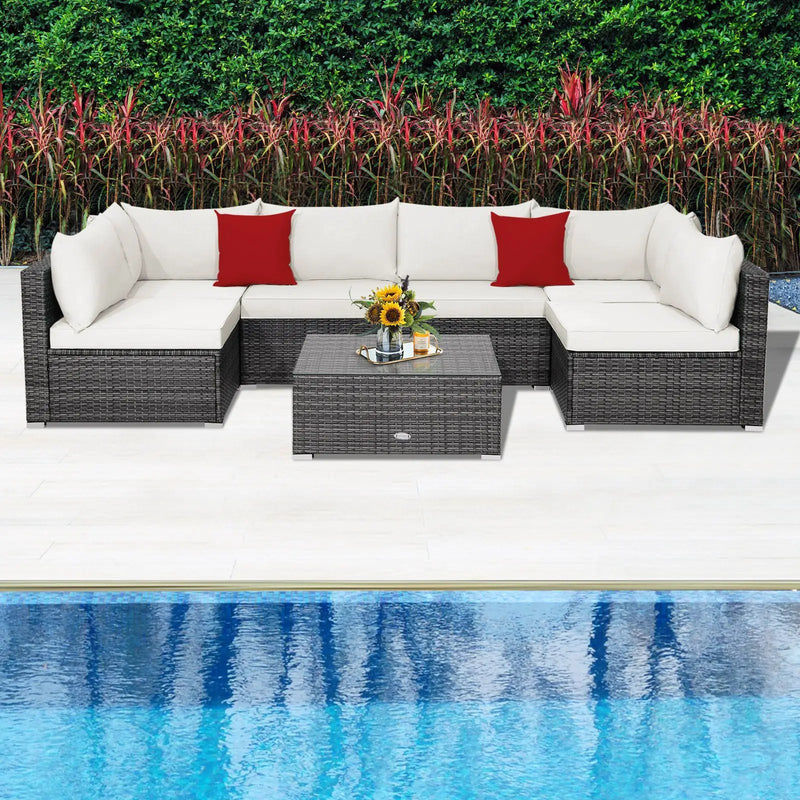 7 Pieces Patio Rattan Furniture Set Sectional Sofa Garden Cushion by DirectDeals