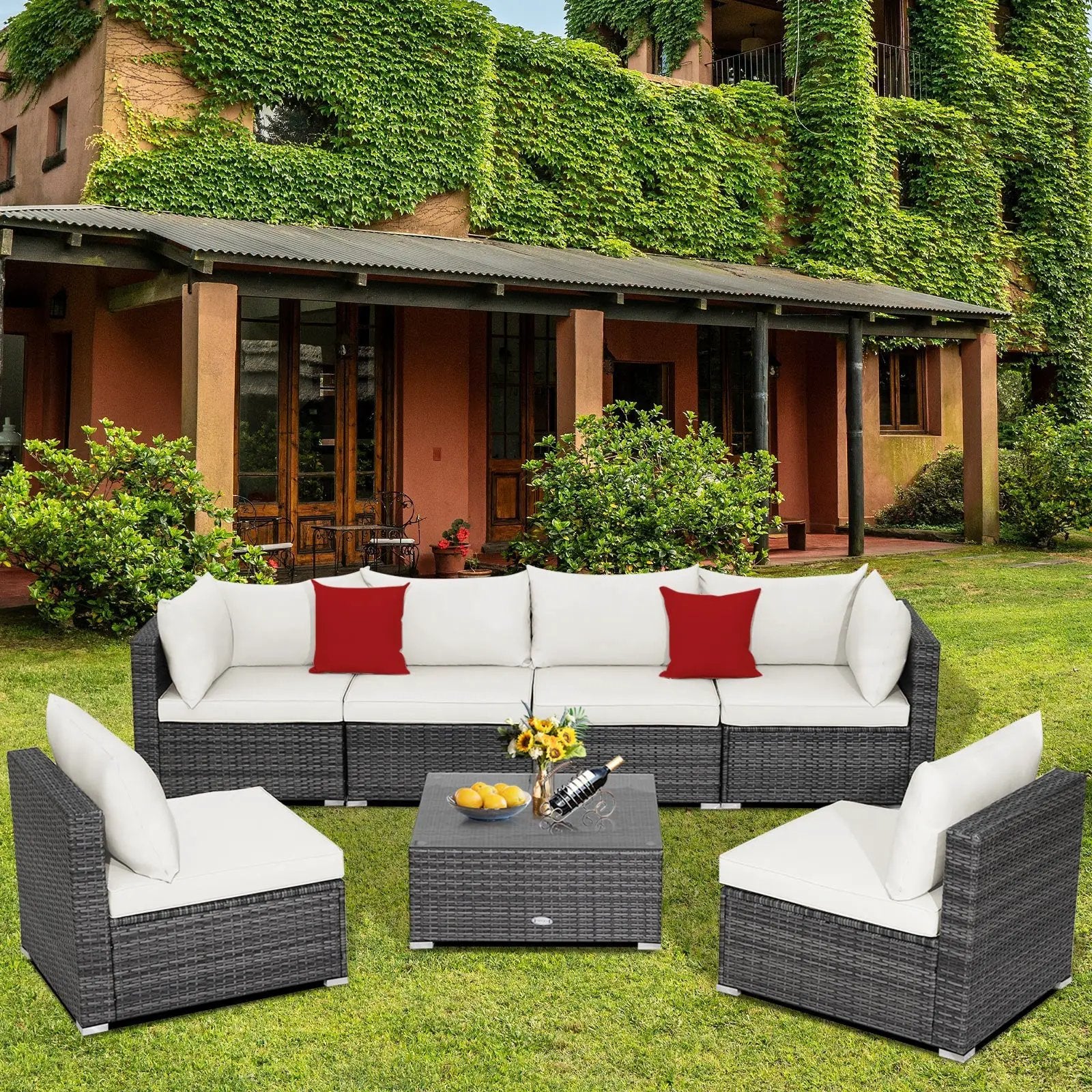 7 Pieces Patio Rattan Furniture Set Sectional Sofa Garden Cushion by DirectDeals