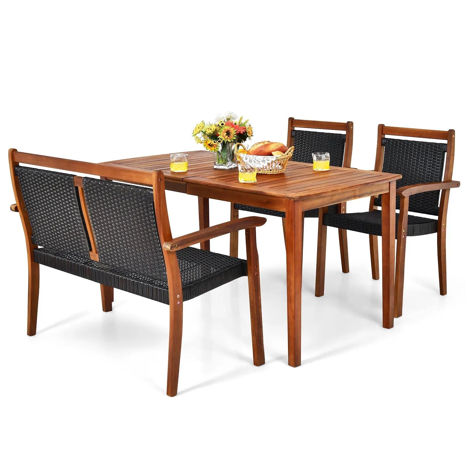 4 Pieces Acacia Wood Patio Rattan Dining Furniture Set by DirectDeals