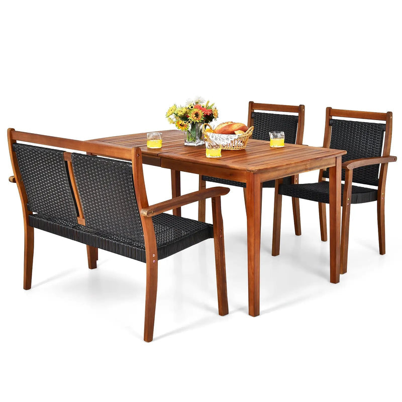 4 Pieces Acacia Wood Patio Rattan Dining Furniture Set by DirectDeals