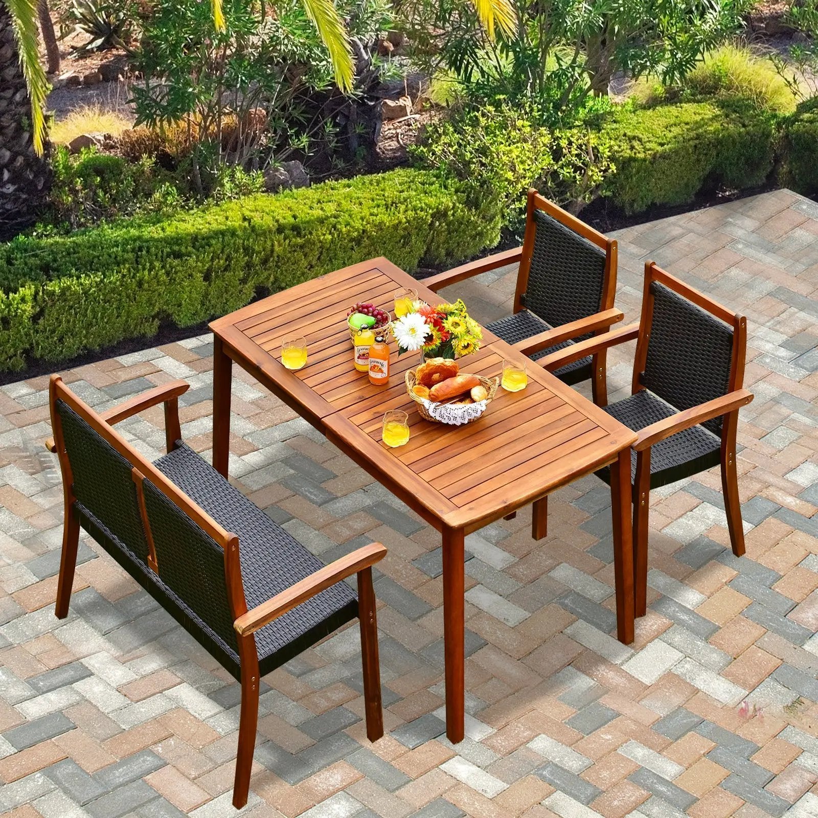 4 Pieces Acacia Wood Patio Rattan Dining Furniture Set by DirectDeals