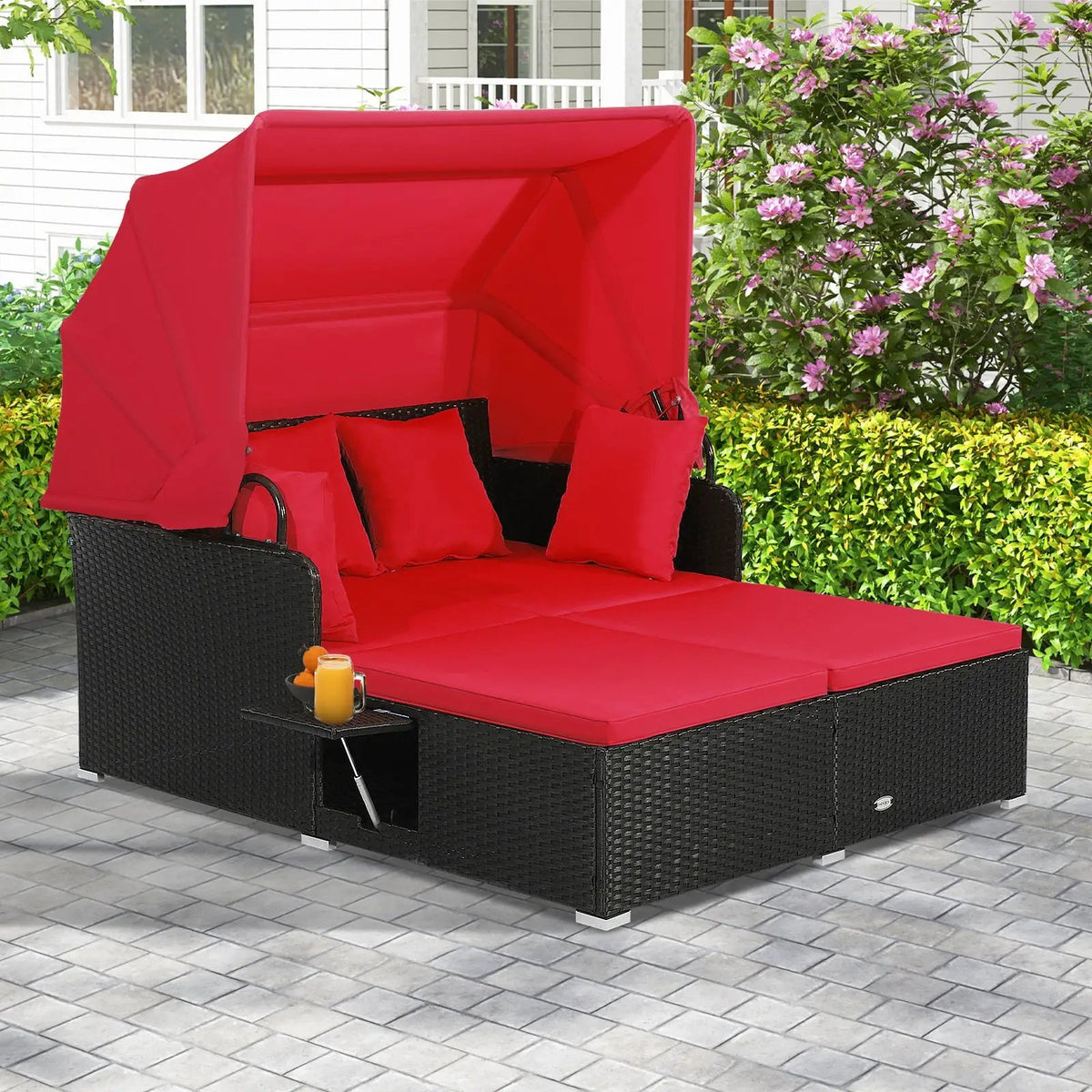 Patio Rattan Daybed with Retractable Canopy and Side Tables by DirectDeals