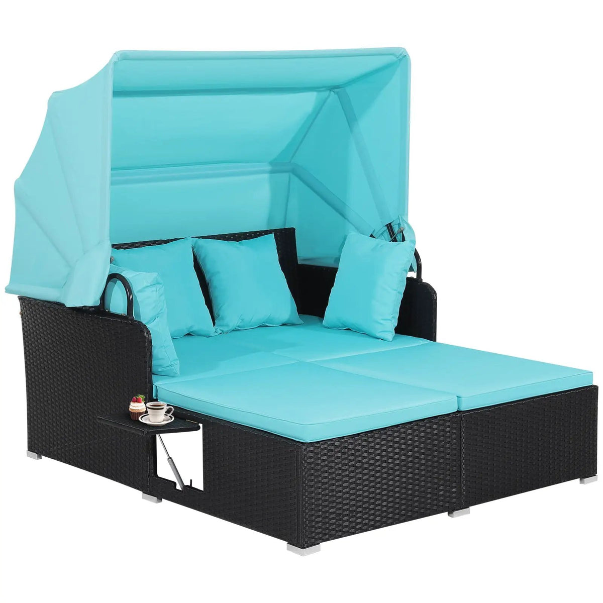 Patio Rattan Daybed with Retractable Canopy and Side Tables by DirectDeals