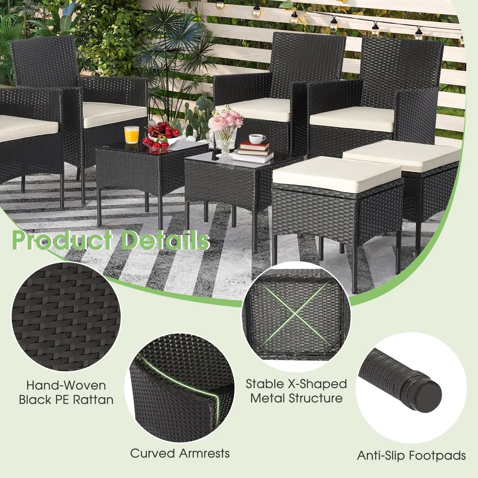 8 Pieces Patio Wicker Conversation Set with 2 Coffee Tables and 2 Ottomans by DirectDeals