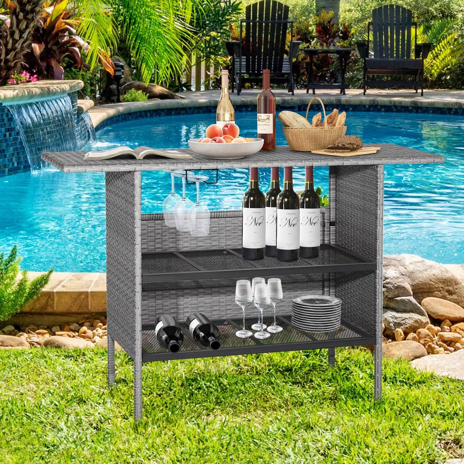 Outdoor Patio Wicker Bar Table with Metal Shelves by DirectDeals