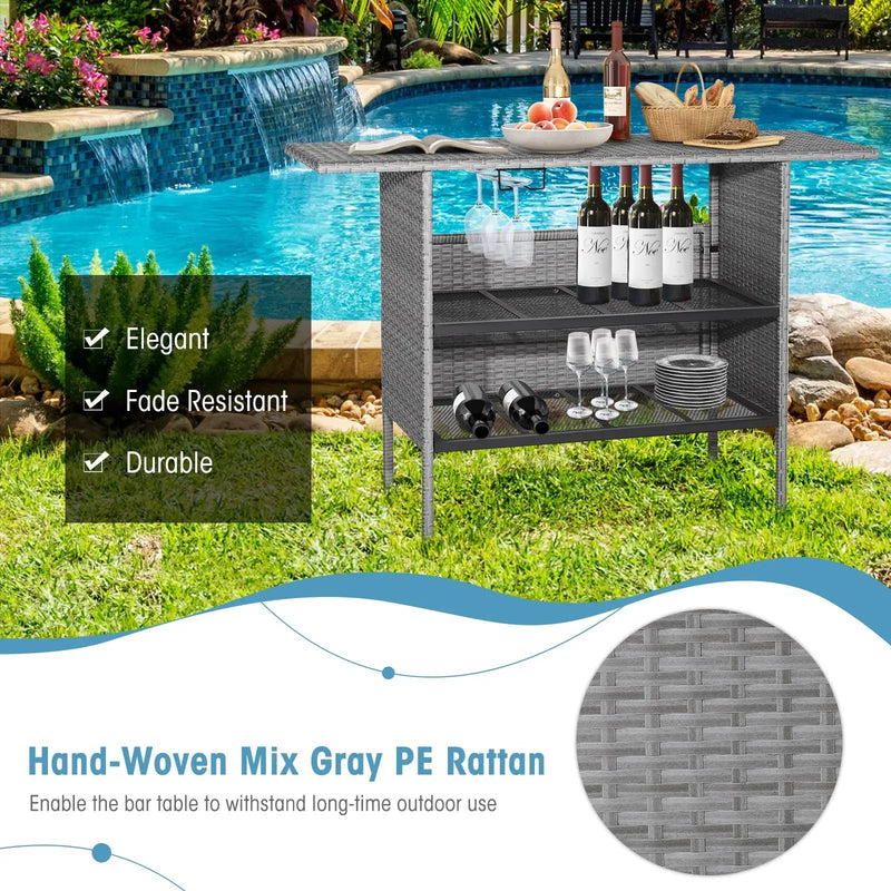 Outdoor Patio Wicker Bar Table with Metal Shelves by DirectDeals