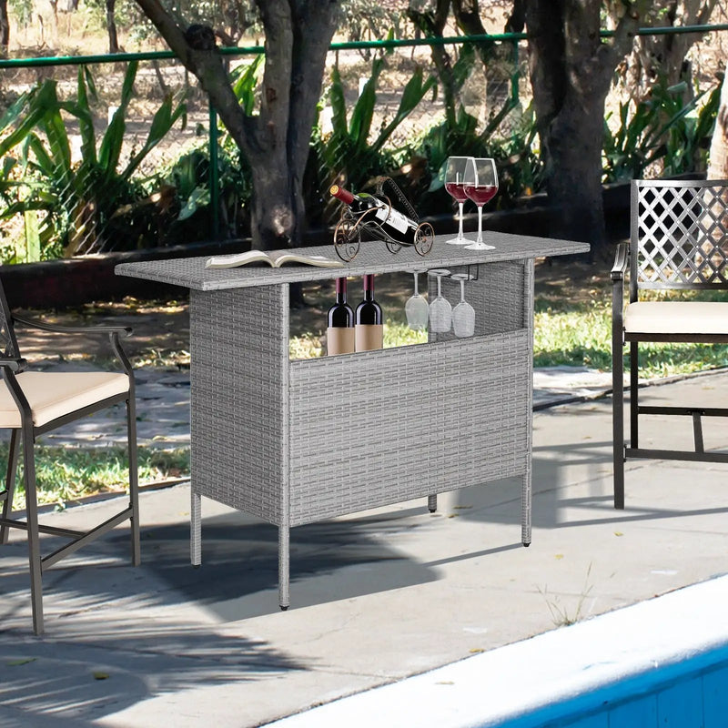 Outdoor Patio Wicker Bar Table with Metal Shelves by DirectDeals