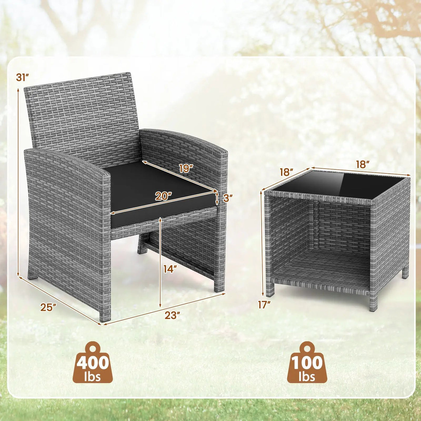 3 Pieces Patio Furniture Set with Tempered Glass Coffee Table and Soft Seat Cushions by DirectDeals
