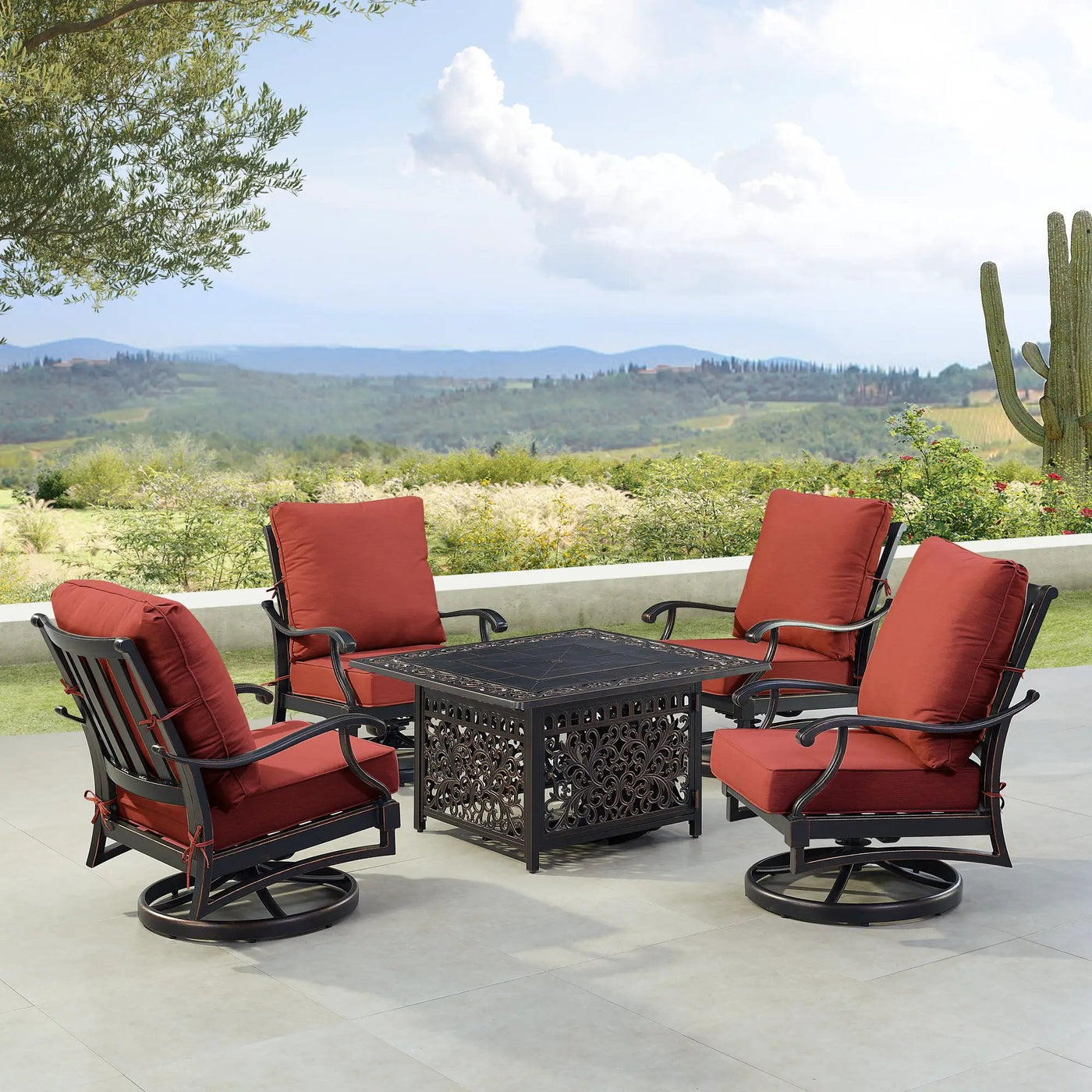 Black Aluminum Fire Table Set with Four Club Chairs by Sharicks