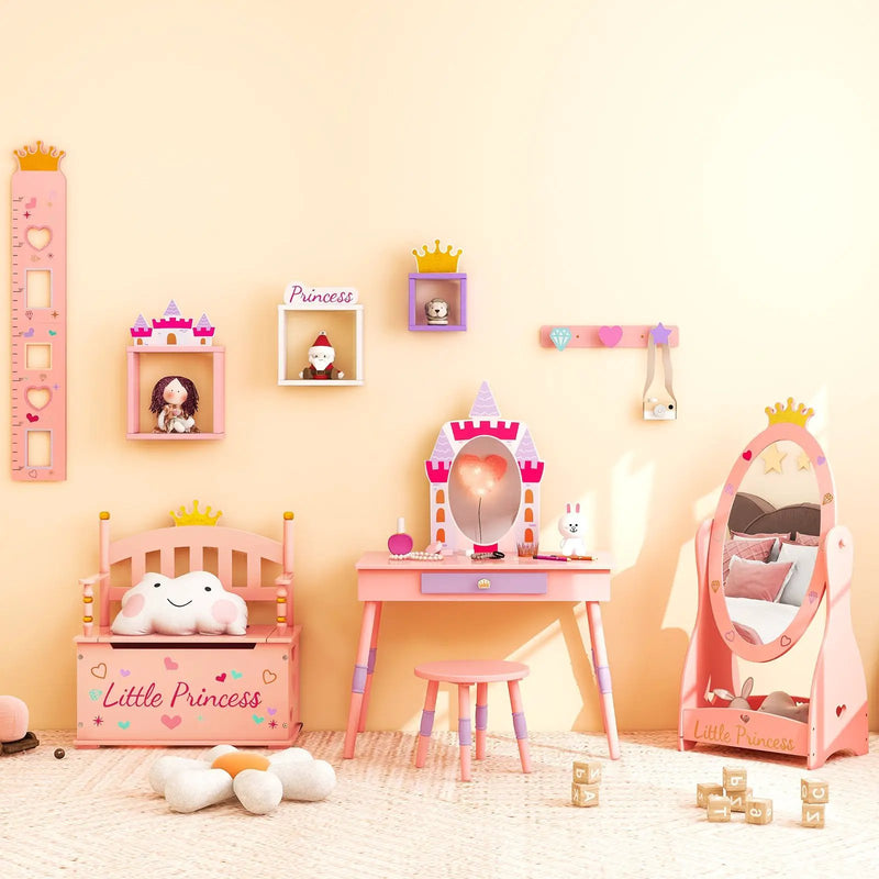 2-In-1 Kids Princess Wooden Toy Box with Safe Hinged Lid-Pink by DirectDeals