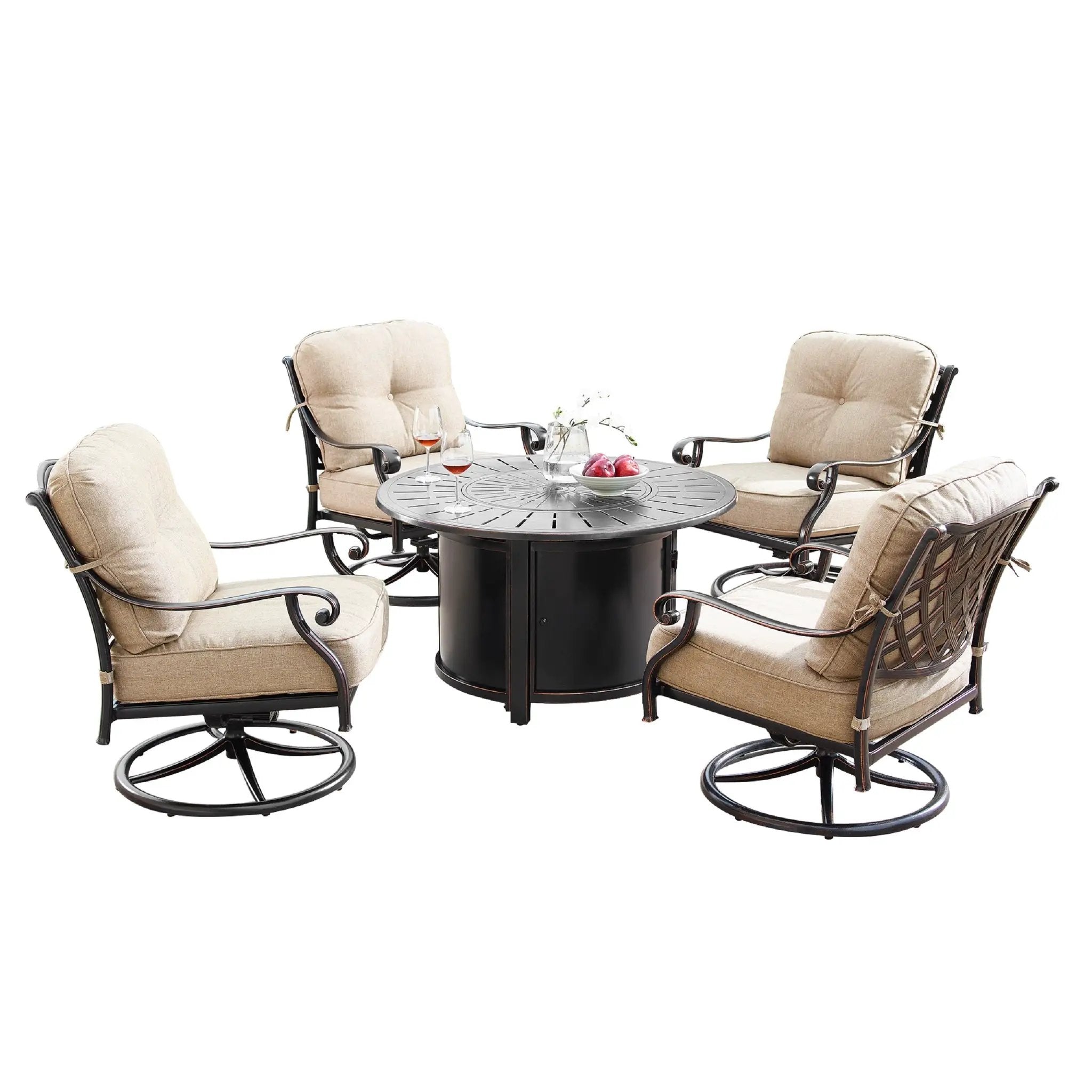 Aluminum 44-in Round Patio Fire Table Set with Swivel Rocking Chairs by Sharicks
