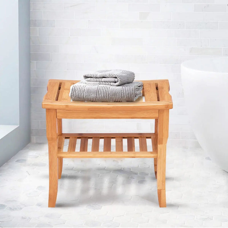 Bathroom Bamboo Shower Chair Bench with Storage Shelf by DirectDeals