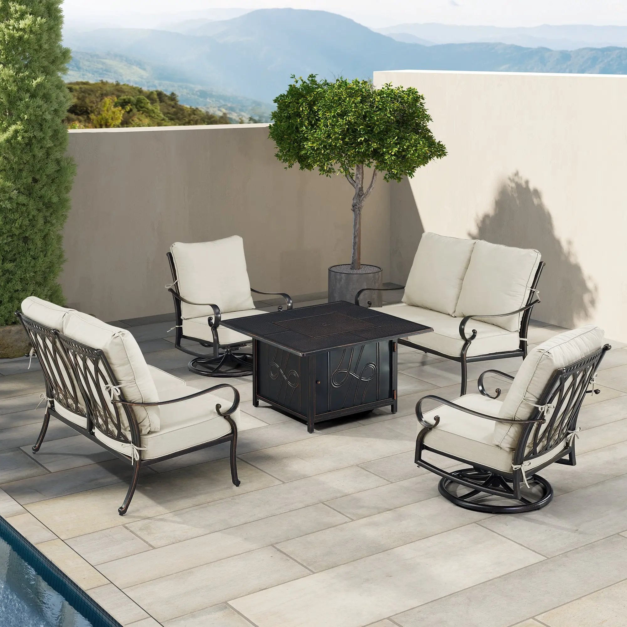 Black Aluminum Fire Table Set with Two Loveseats and Two Club Chairs by Sharicks