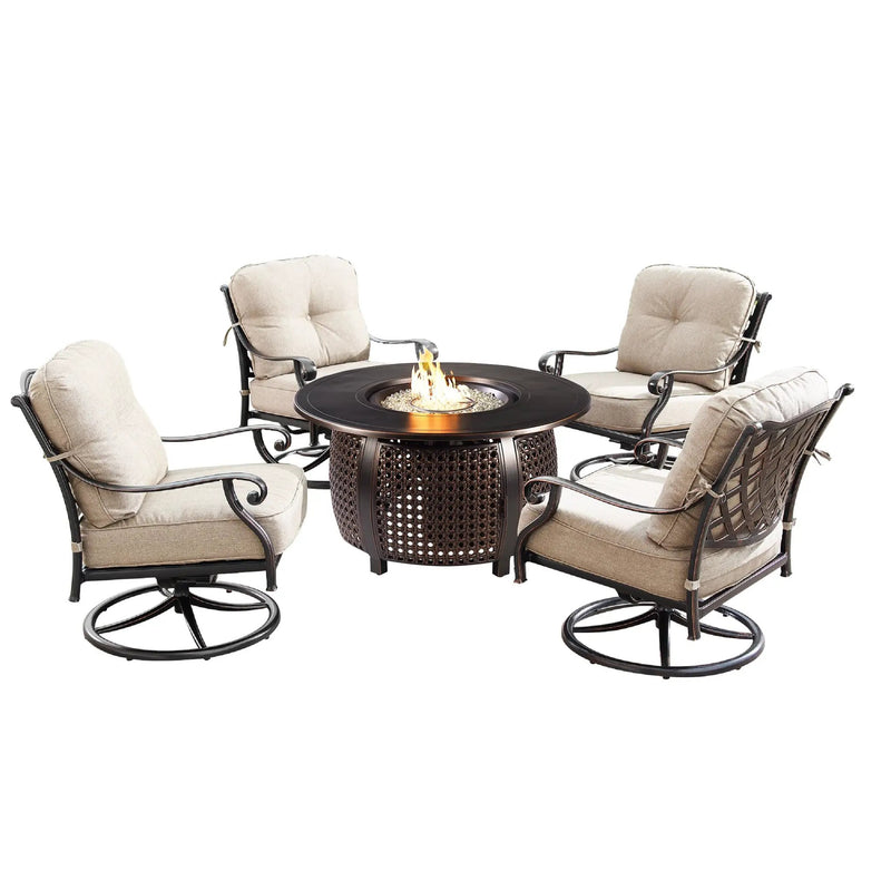 Aluminum 44-in Round Patio Fire Table Set with Swivel Rocking Chairs by Sharicks